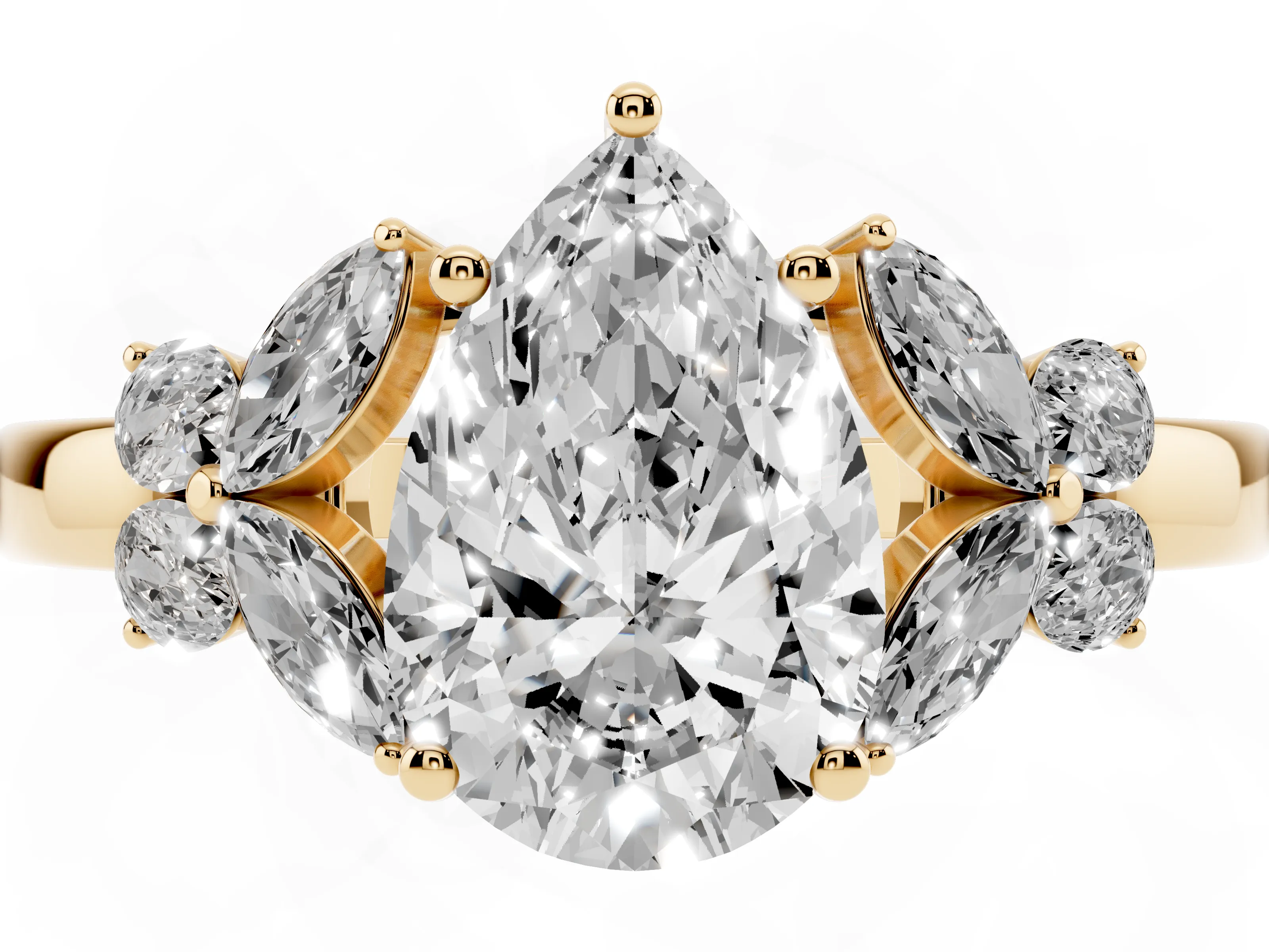 Pear Cut Diamond Solitaire Floral Ring Set in Yellow gold with Marquise Petals and Prong Setting