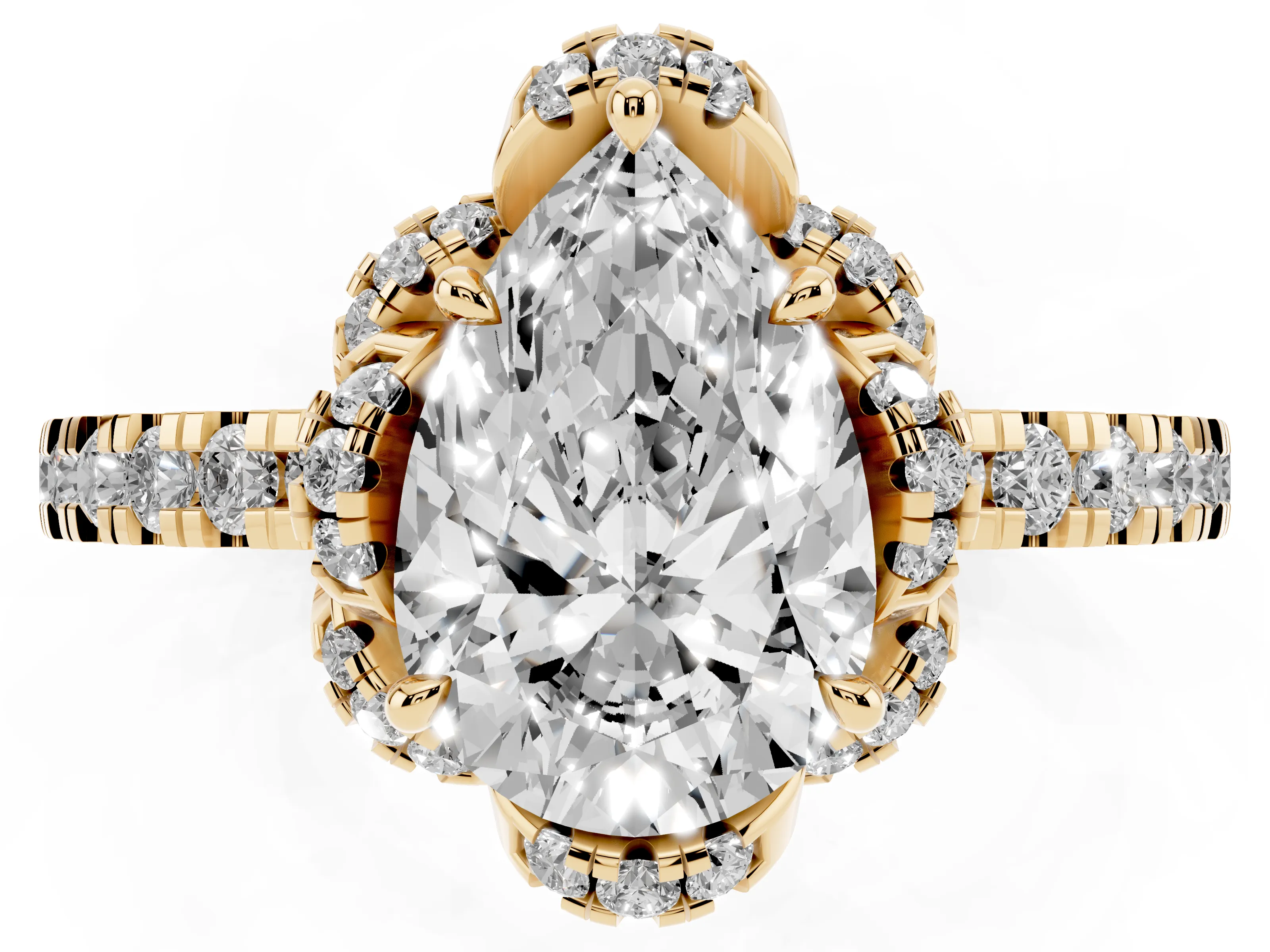 Pear Cut Diamond Halo Pavé Band Ring Set in Yellow gold with Prong-Held Center