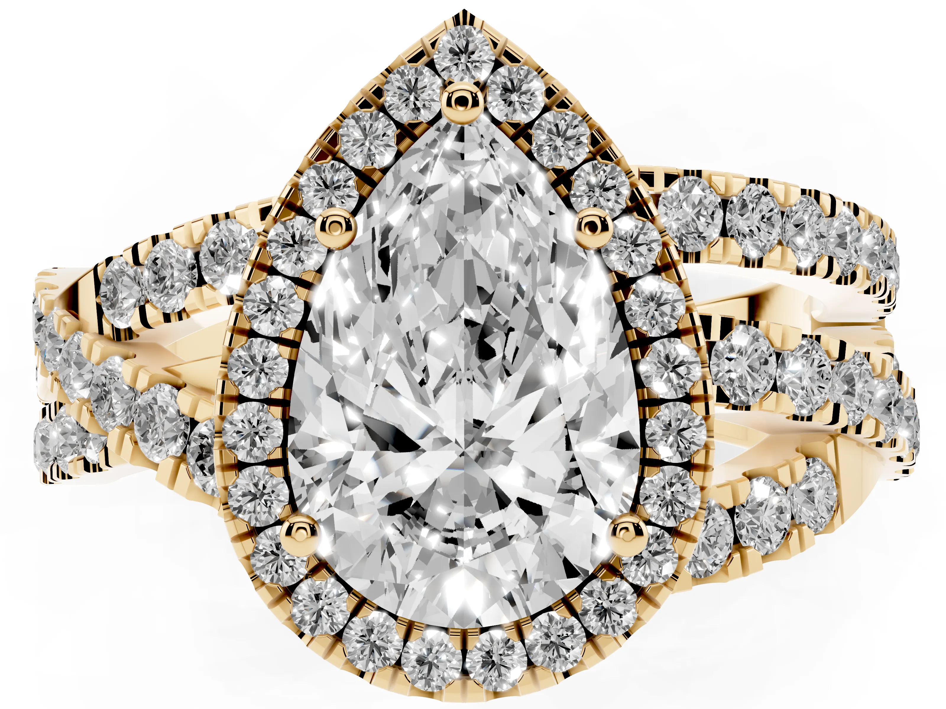 Pear Cut Diamond Halo Ring Set in Yellow gold with Round Crossover Split Shank and Prong Setting