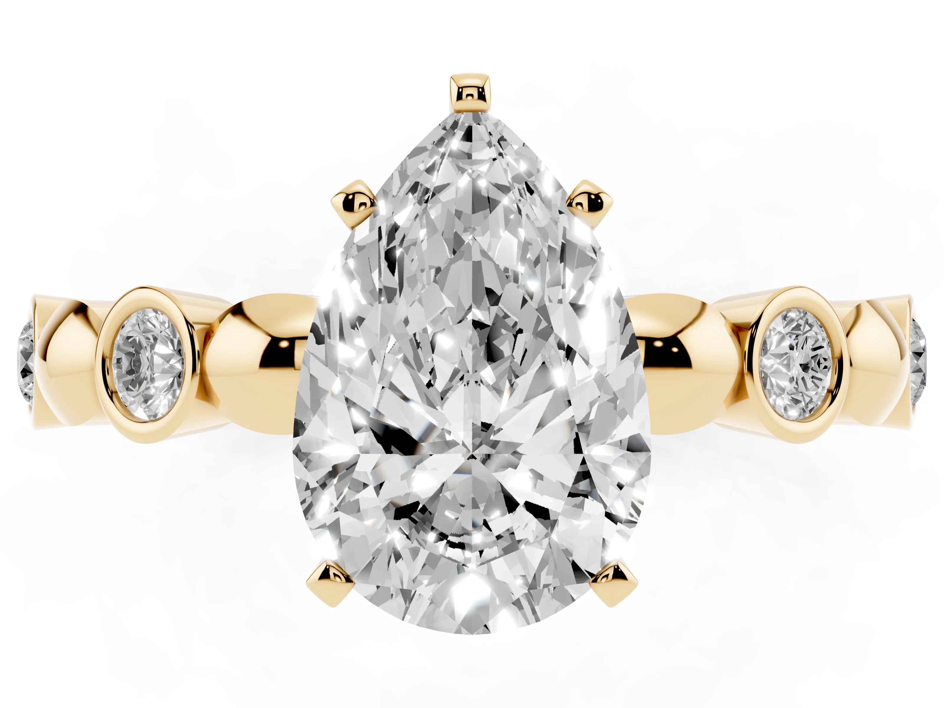 Pear Cut Diamond Solitaire Ring Set in Yellow gold with Bezel-Set Accents on Beaded Band and Prong Setting