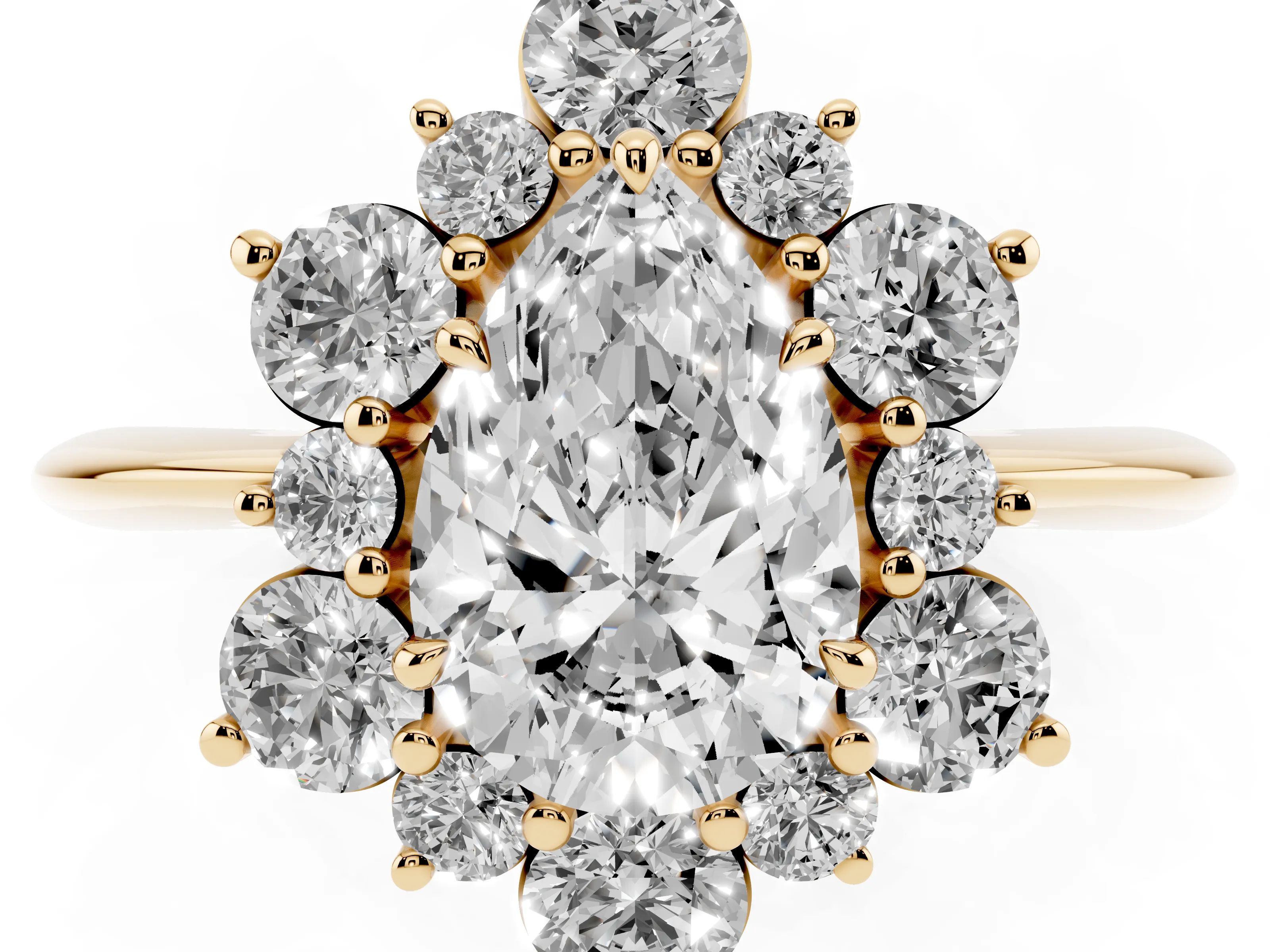Pear Cut Diamond Cluster Halo Ring Set in Yellow gold with Solitaire Band and Prong Setting