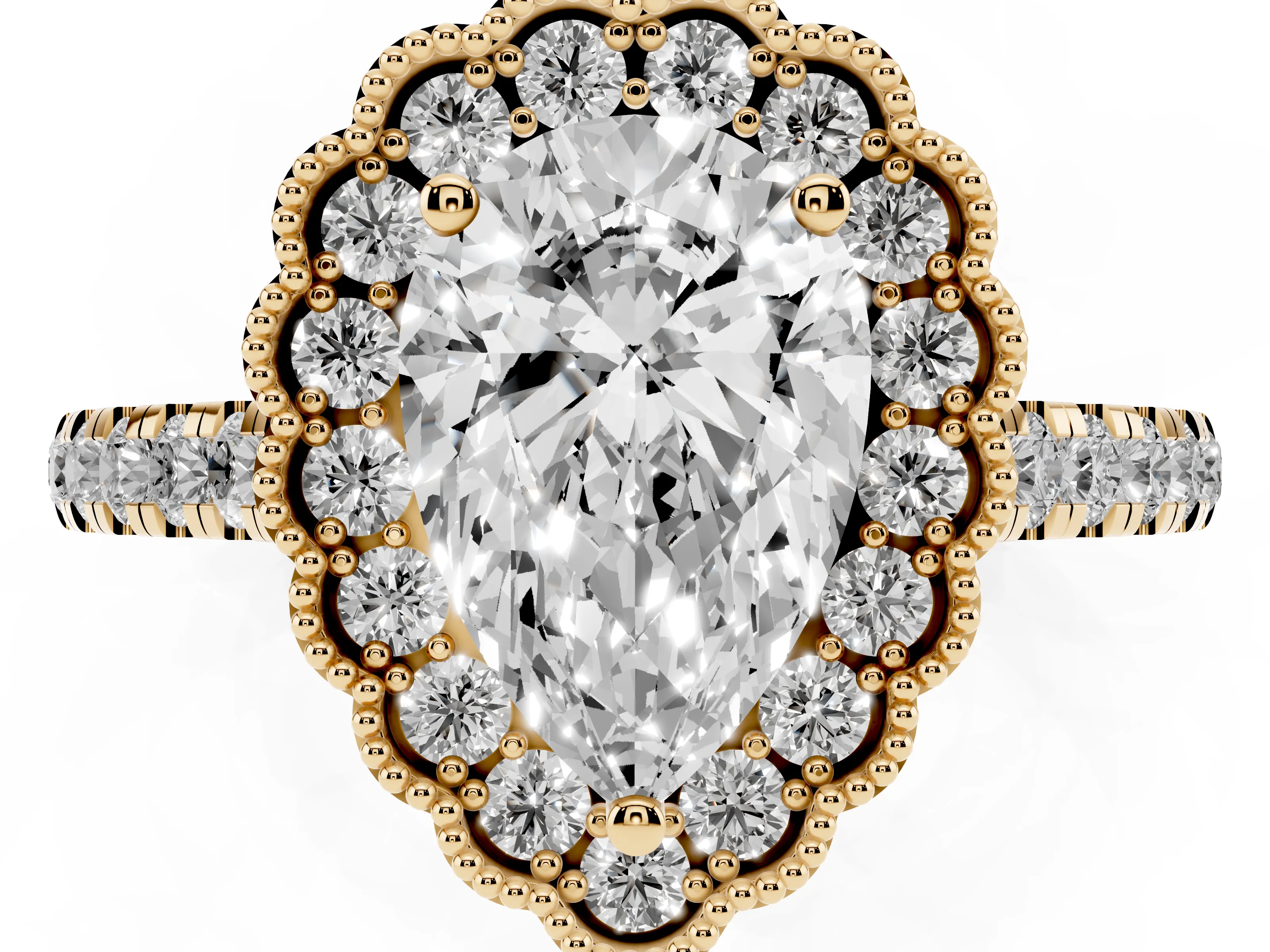 Pear Cut Diamond Milgrain Floral Halo Engagement Ring Set in Yellow gold with Pavé Band