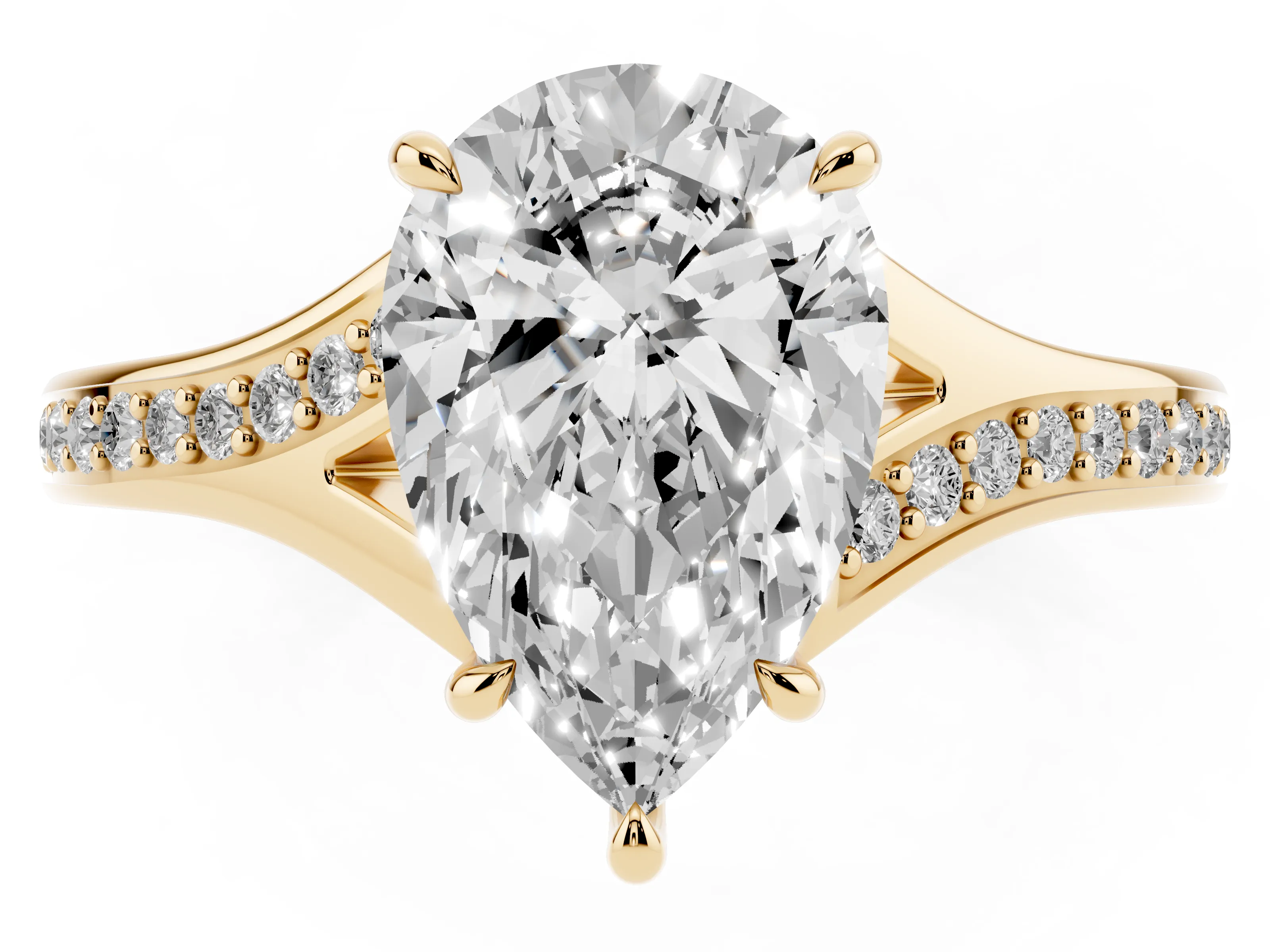 Pear Cut Diamond Solitaire Ring Set in Yellow gold with Pavé Accent Band and Classic Prong Setting