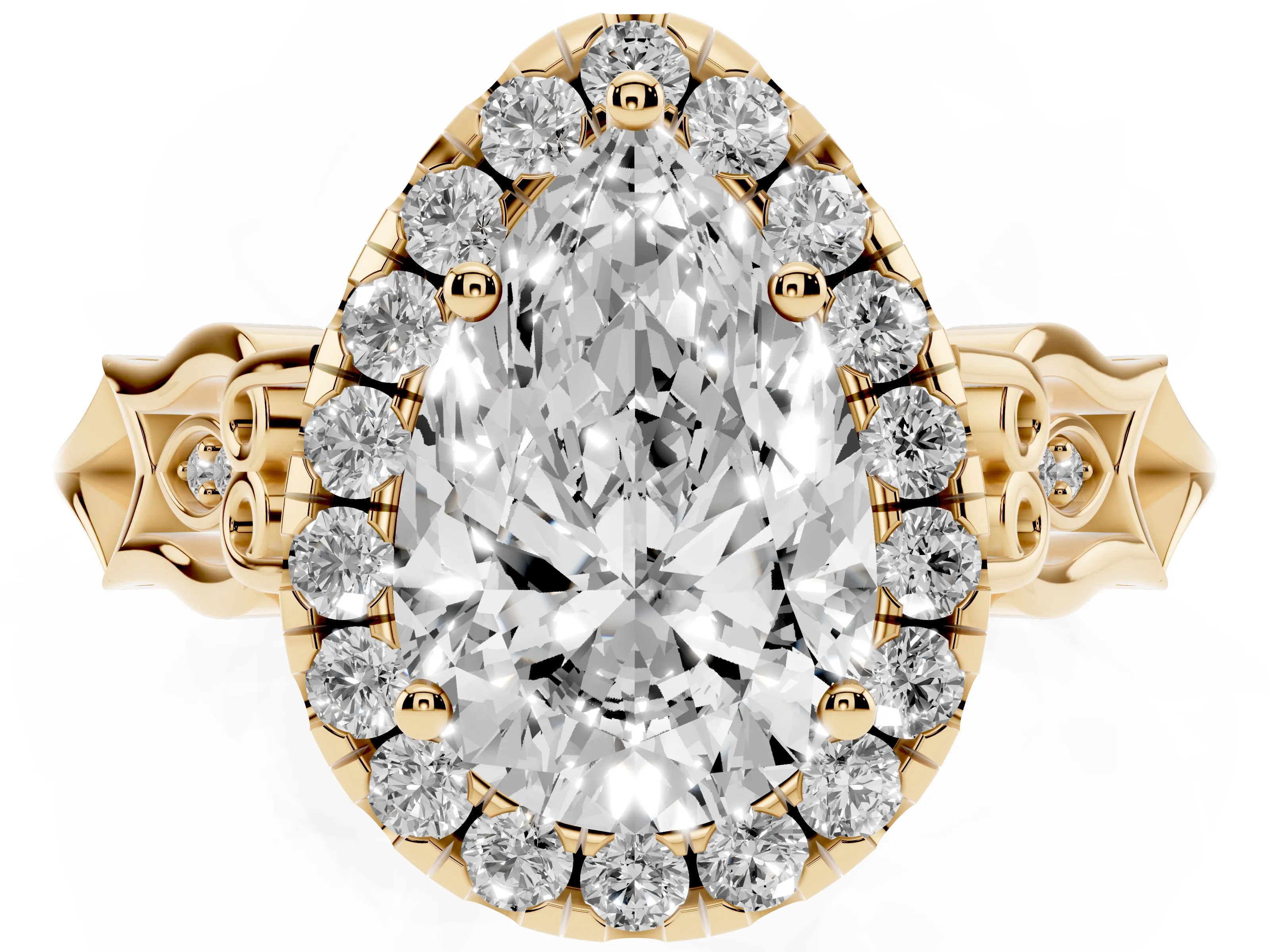 Pear Cut Diamond Halo Engagement Ring Set in Yellow gold with Filigree Band and Prong-Set Center