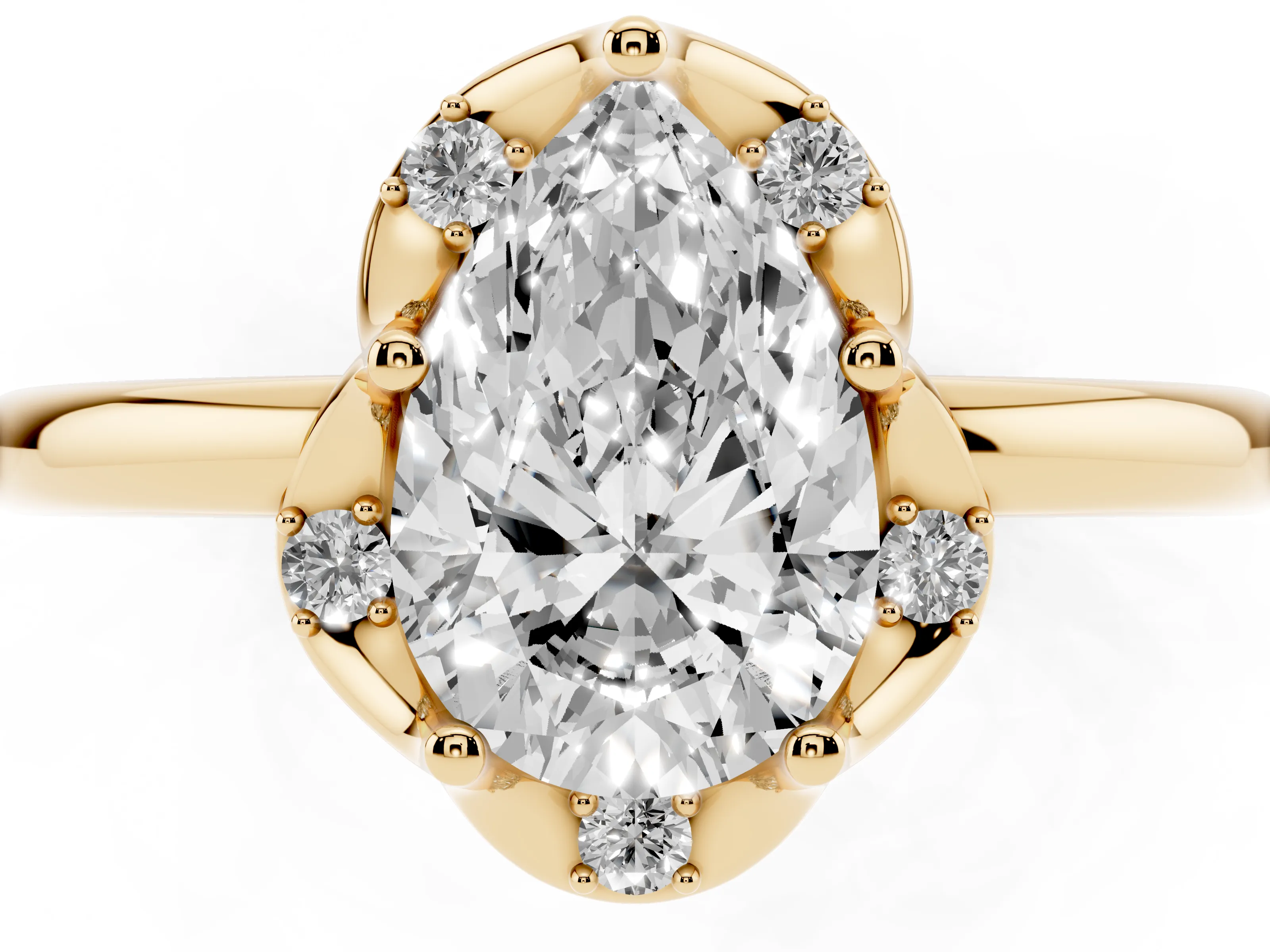 Pear Cut Diamond Round Cluster Halo Ring Set in Yellow gold with Solitaire Band and Prong Setting