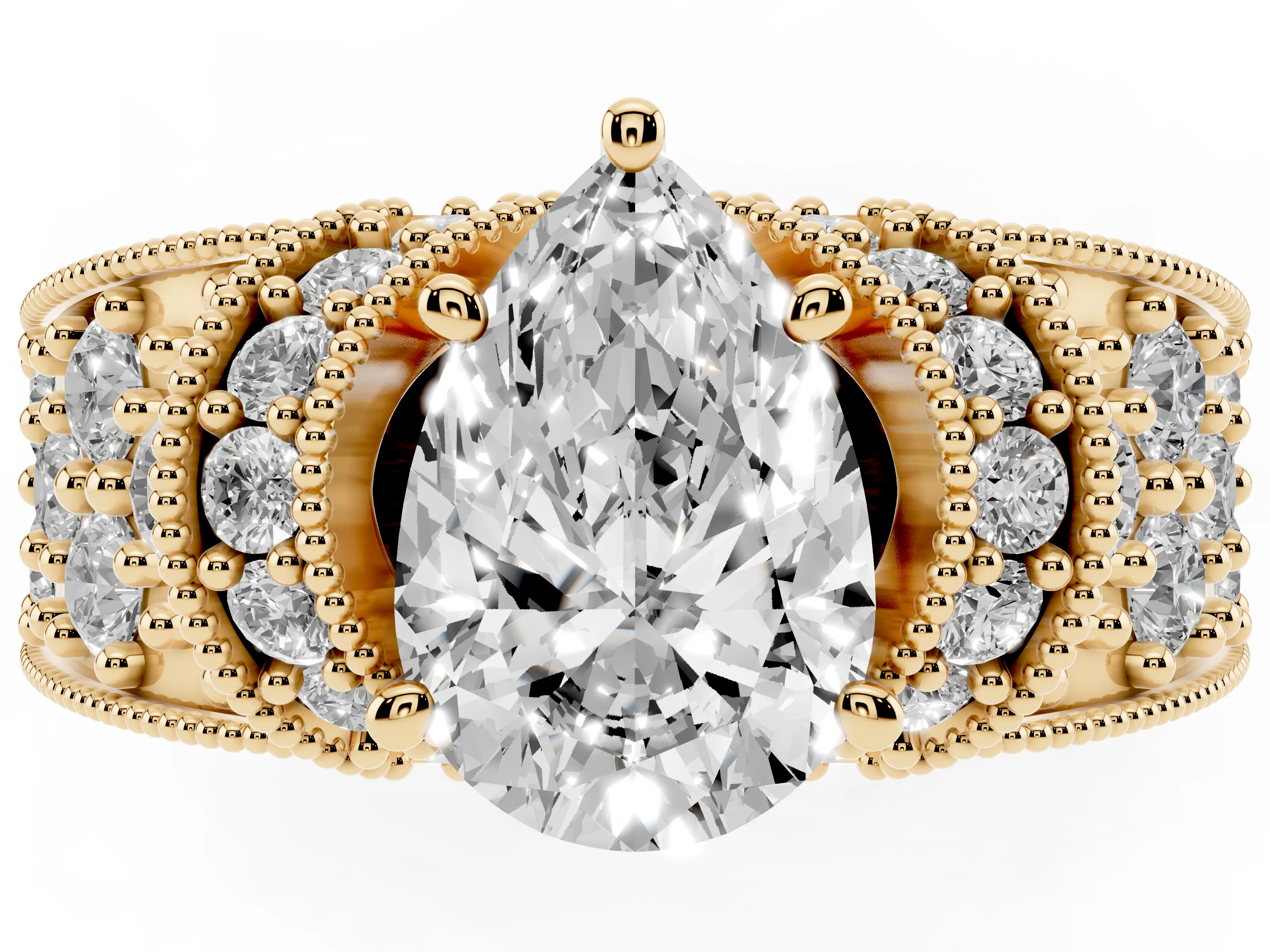 Pear Cut Diamond Milgrain Halo Pavé Engagement Ring Set in Yellow gold with Prong Setting