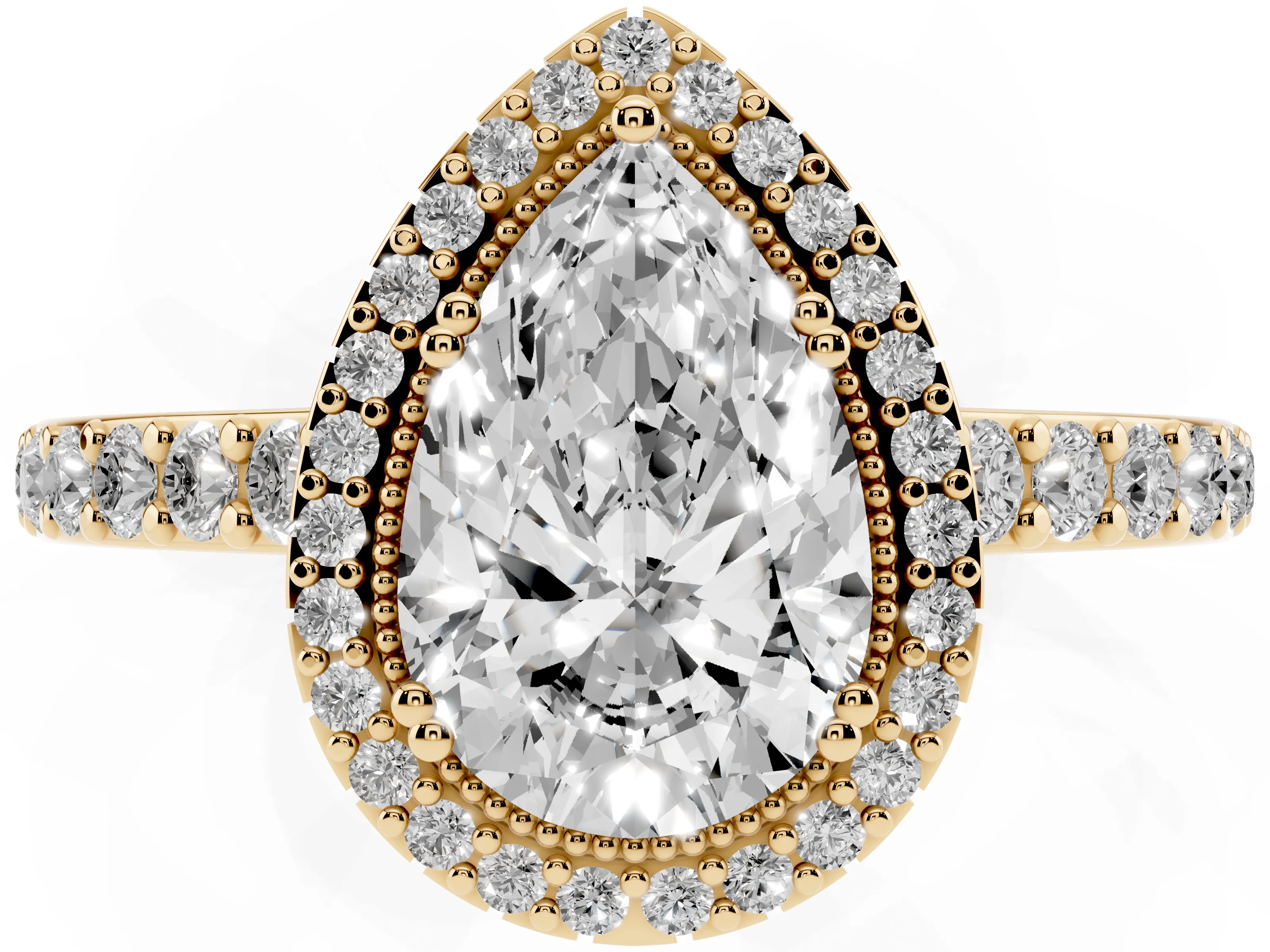 Pear Cut Diamond Halo Engagement Ring Set in Yellow gold with Milgrain Detail and Pavé Band
