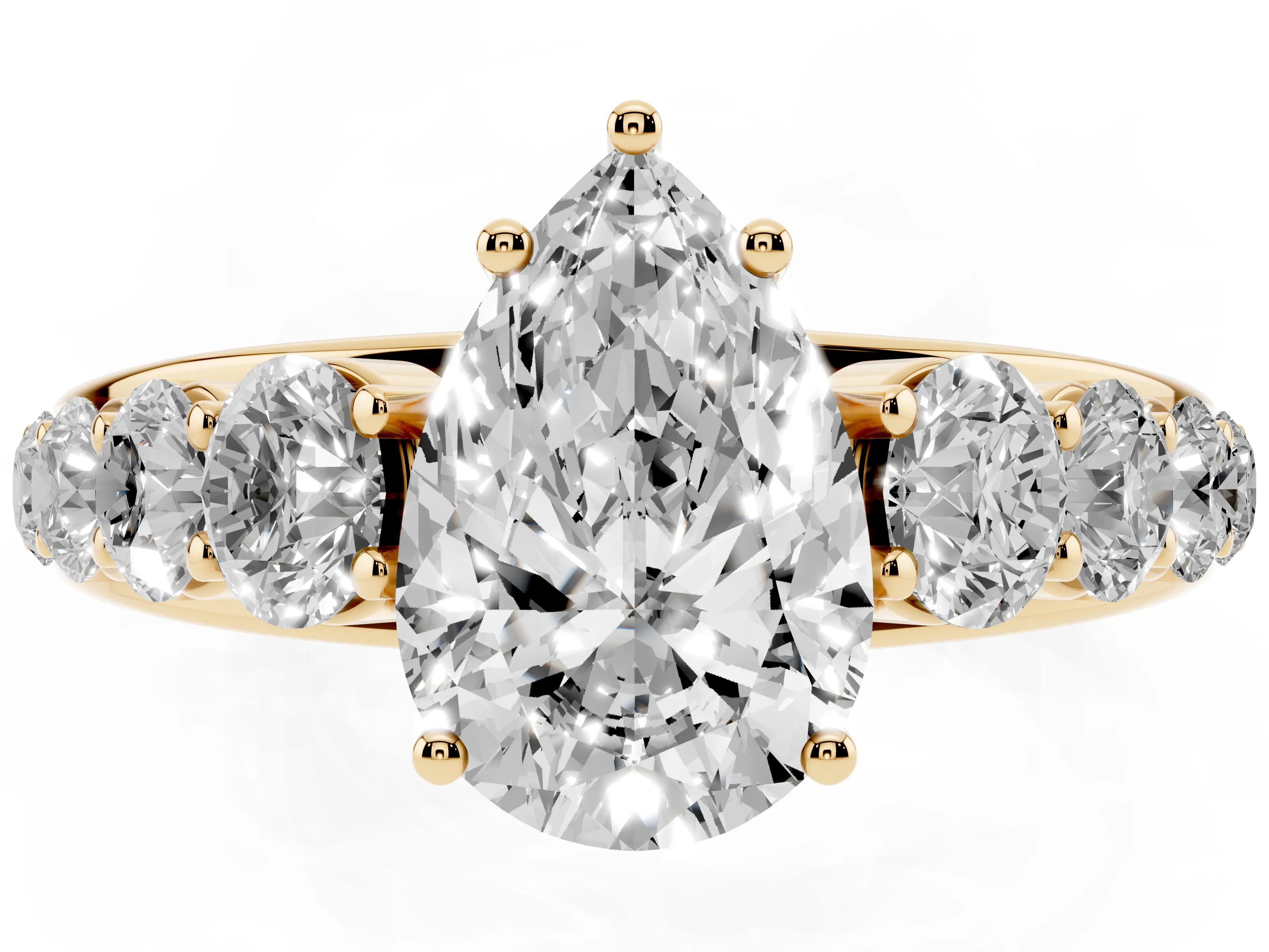 Pear Cut Diamond Solitaire Ring Set in Yellow gold with Pavé-Set Band and Prong Setting