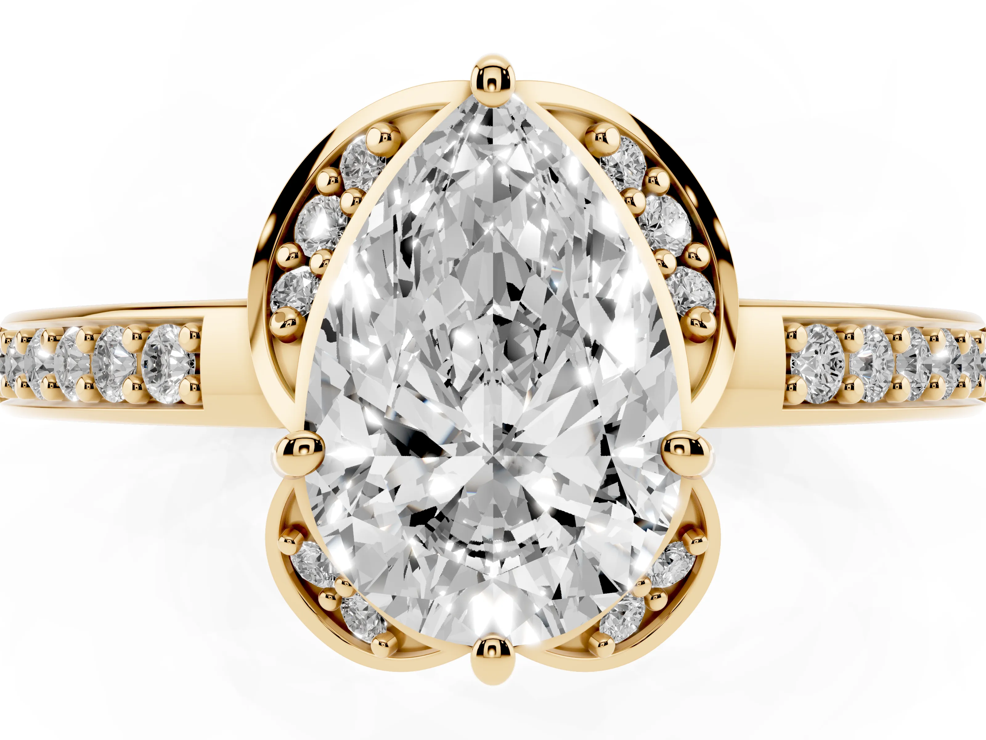 Pear Cut Diamond Halo Ring Set in Yellow gold with Channel Set Band and Prong Setting