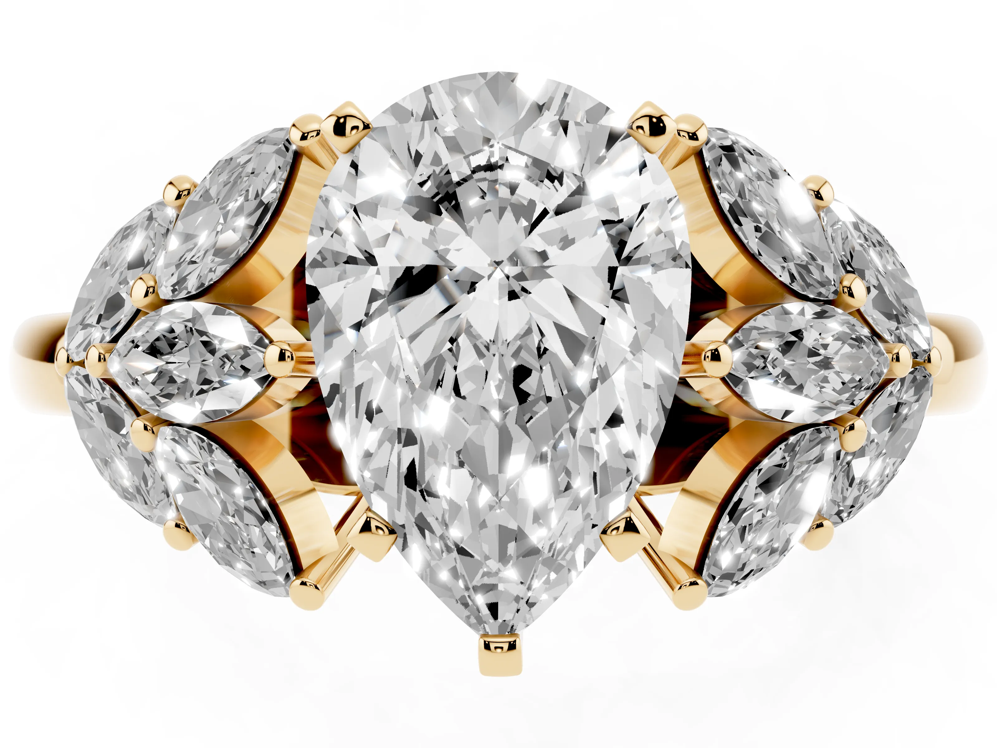 Pear Cut Diamond Cluster Leaf Design Ring Set in Yellow gold with Prong Setting