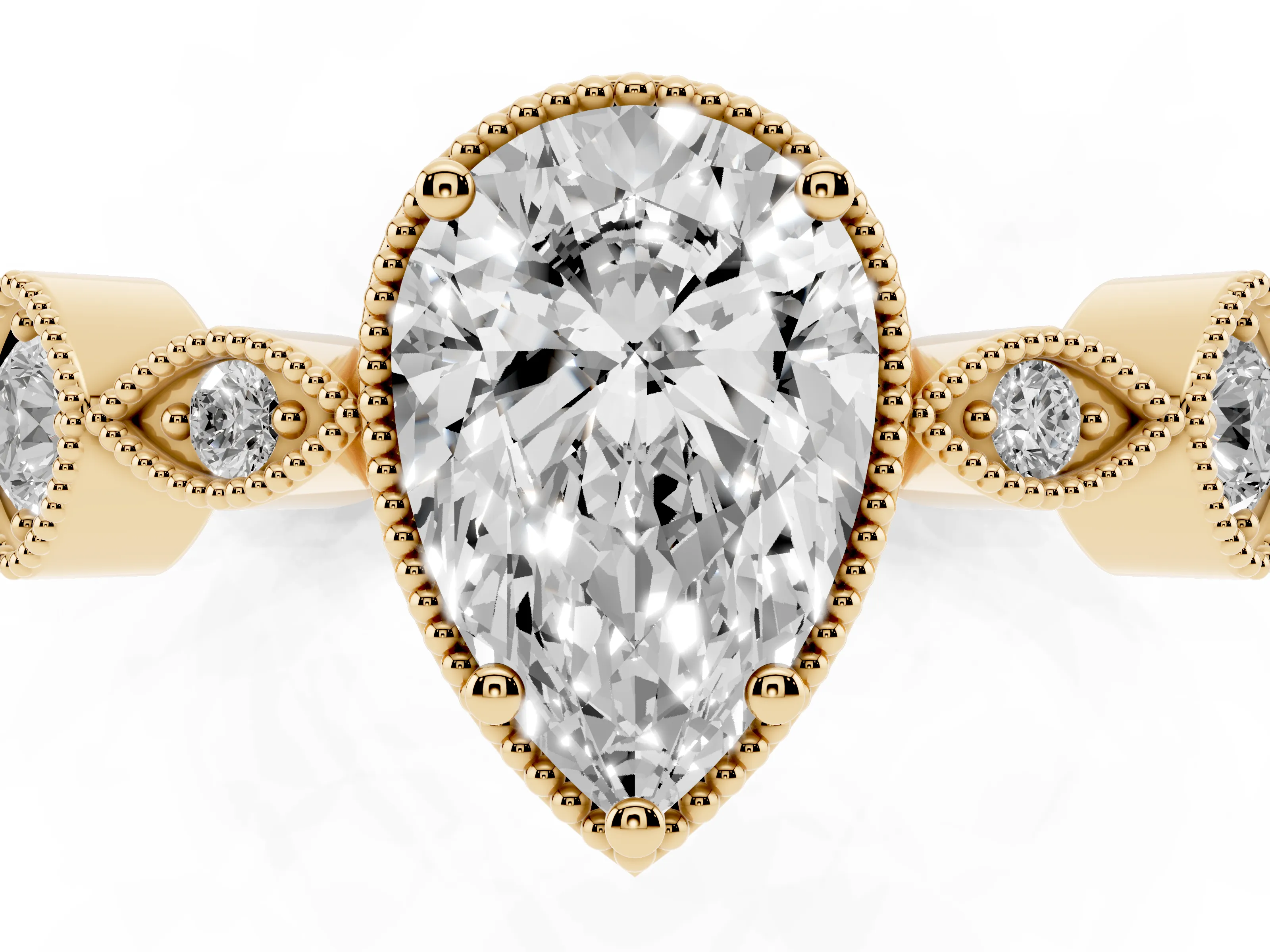 Pear Cut Diamond Vintage-Inspired Milgrain Ring Set in Yellow gold with Marquise Stations of Round Accents