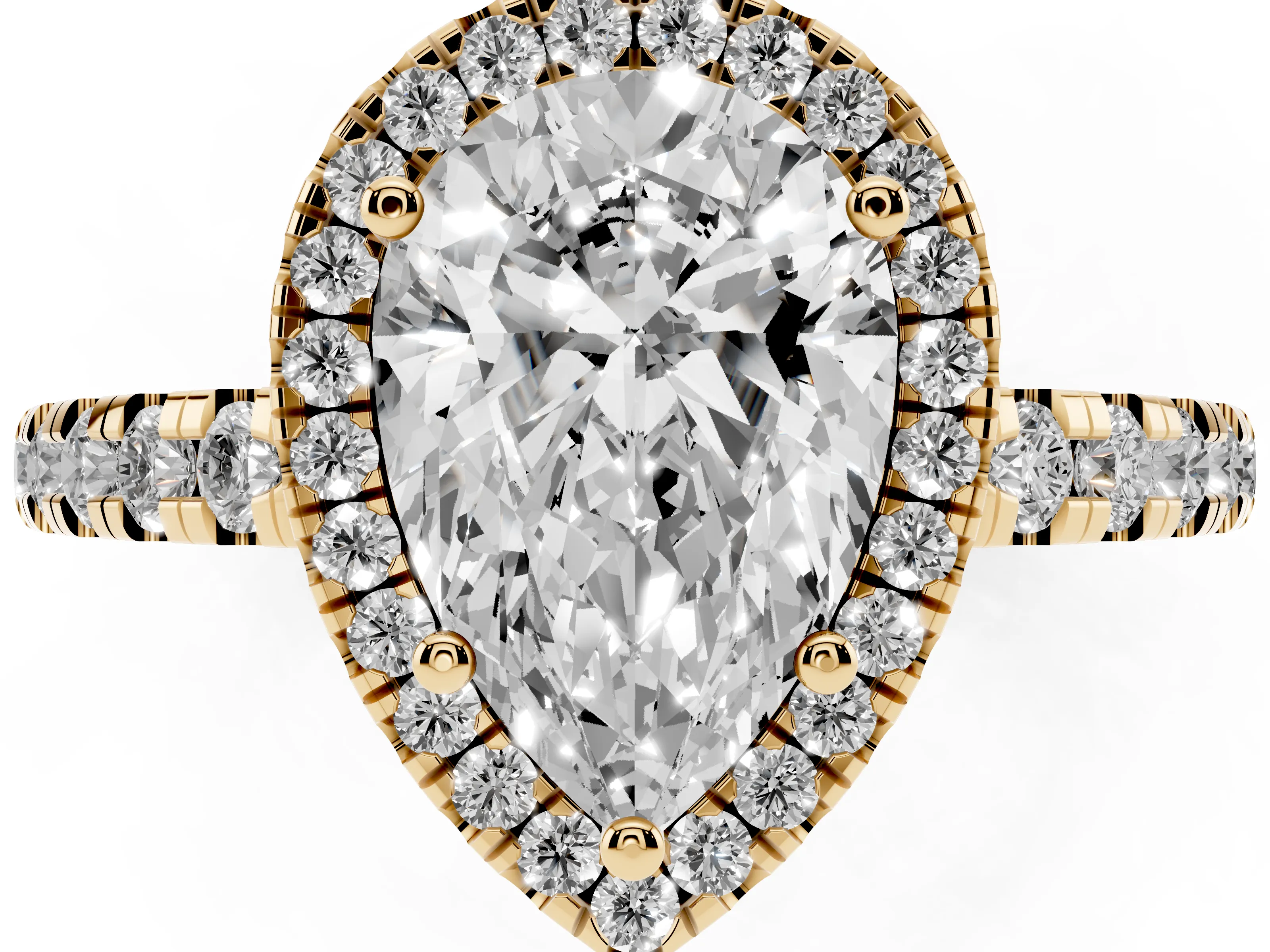 Pear Cut Diamond Halo Ring Set in Yellow gold with Delicate Pavé Band and Prong Setting