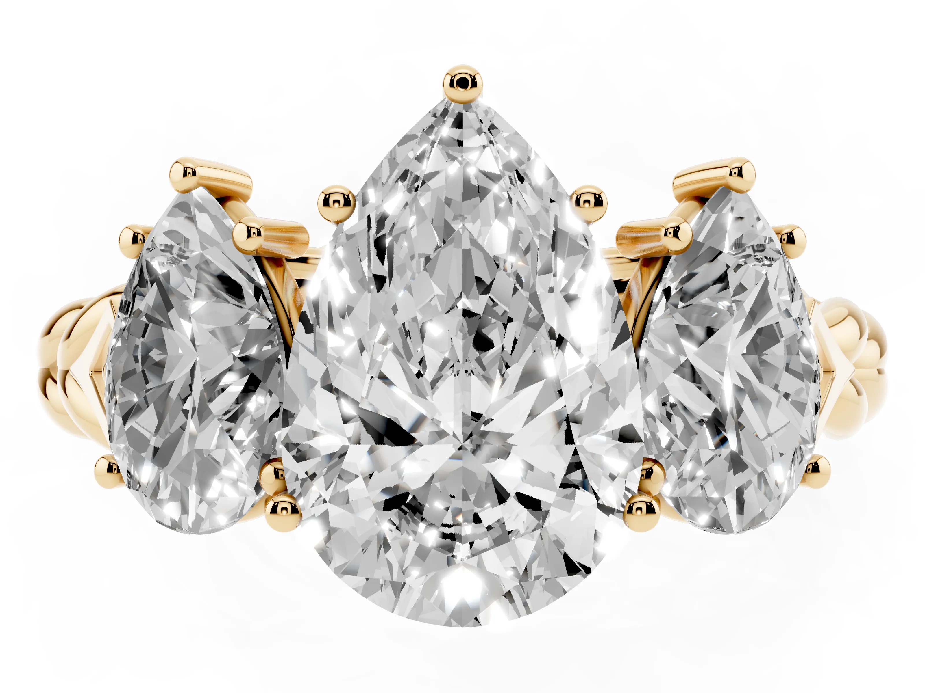 Pear Cut Diamond Three-Stone Ring Set in Yellow gold with Braided Band