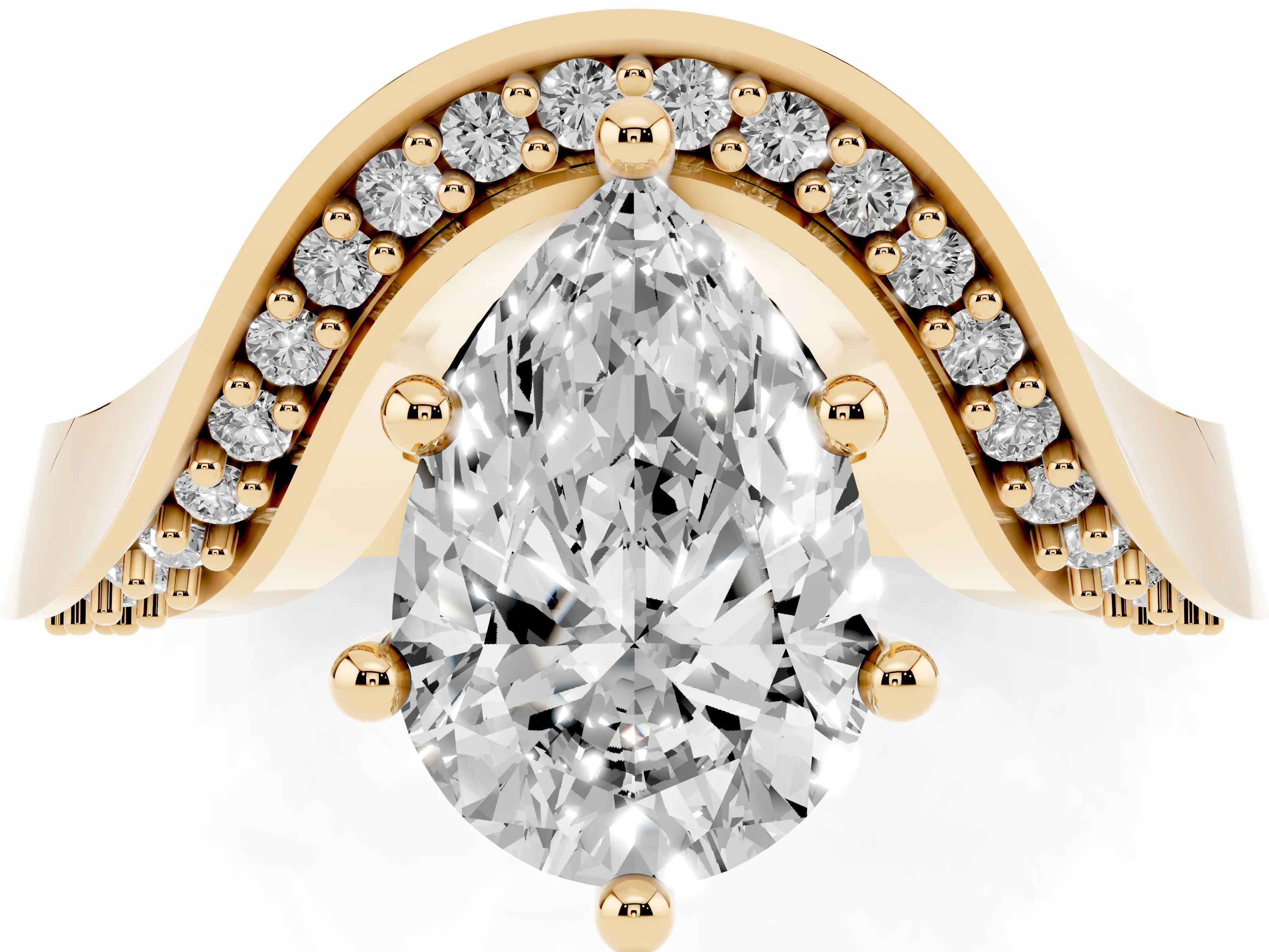 Pear Cut Diamond Solitaire Engagement Ring Set in Yellow gold with Pavé Shoulders