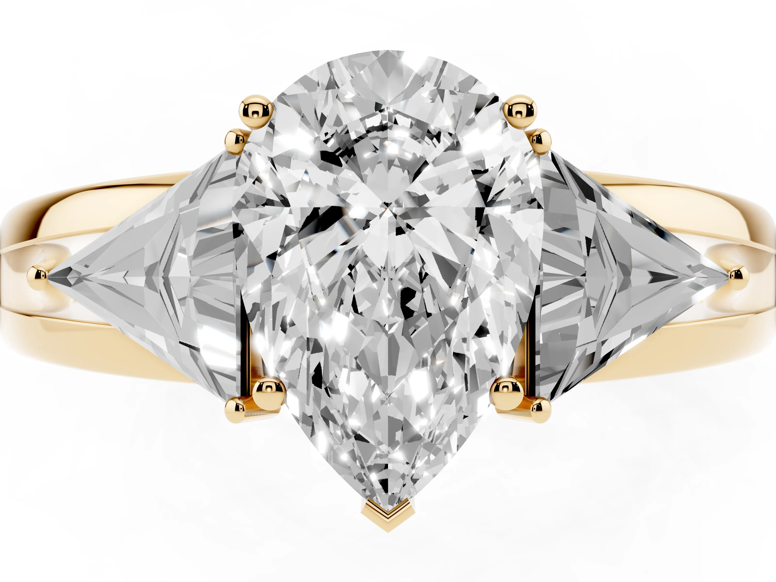 Pear Cut Diamond Three-Stone Ring Set in Yellow gold with Trillion Side Stones and Split Shank