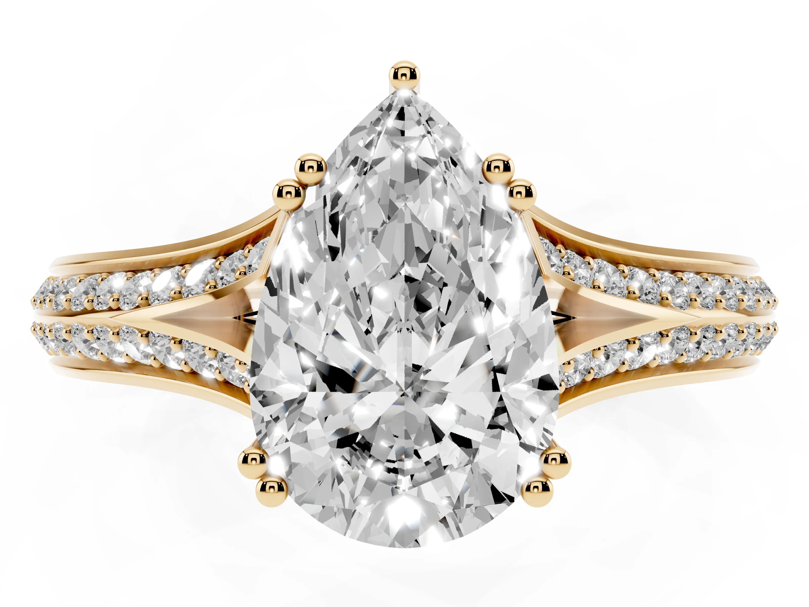 Pear Cut Diamond Split Shank Pavé Engagement Ring Set in Yellow gold with Prong-Set Center Stone