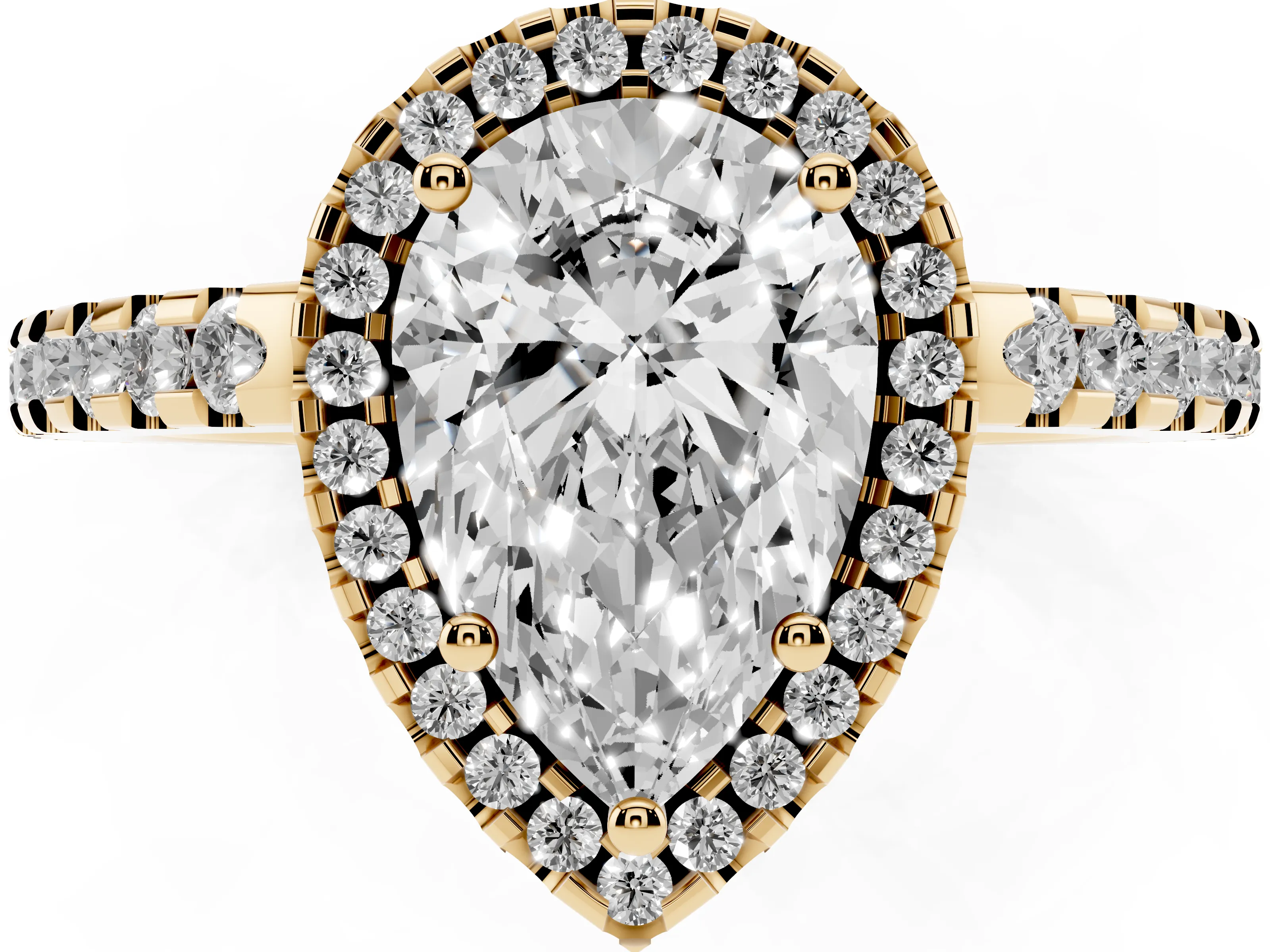 Pear Cut Diamond Halo Ring Set in Yellow gold with Pavé Shoulders and Halo-Framed Center