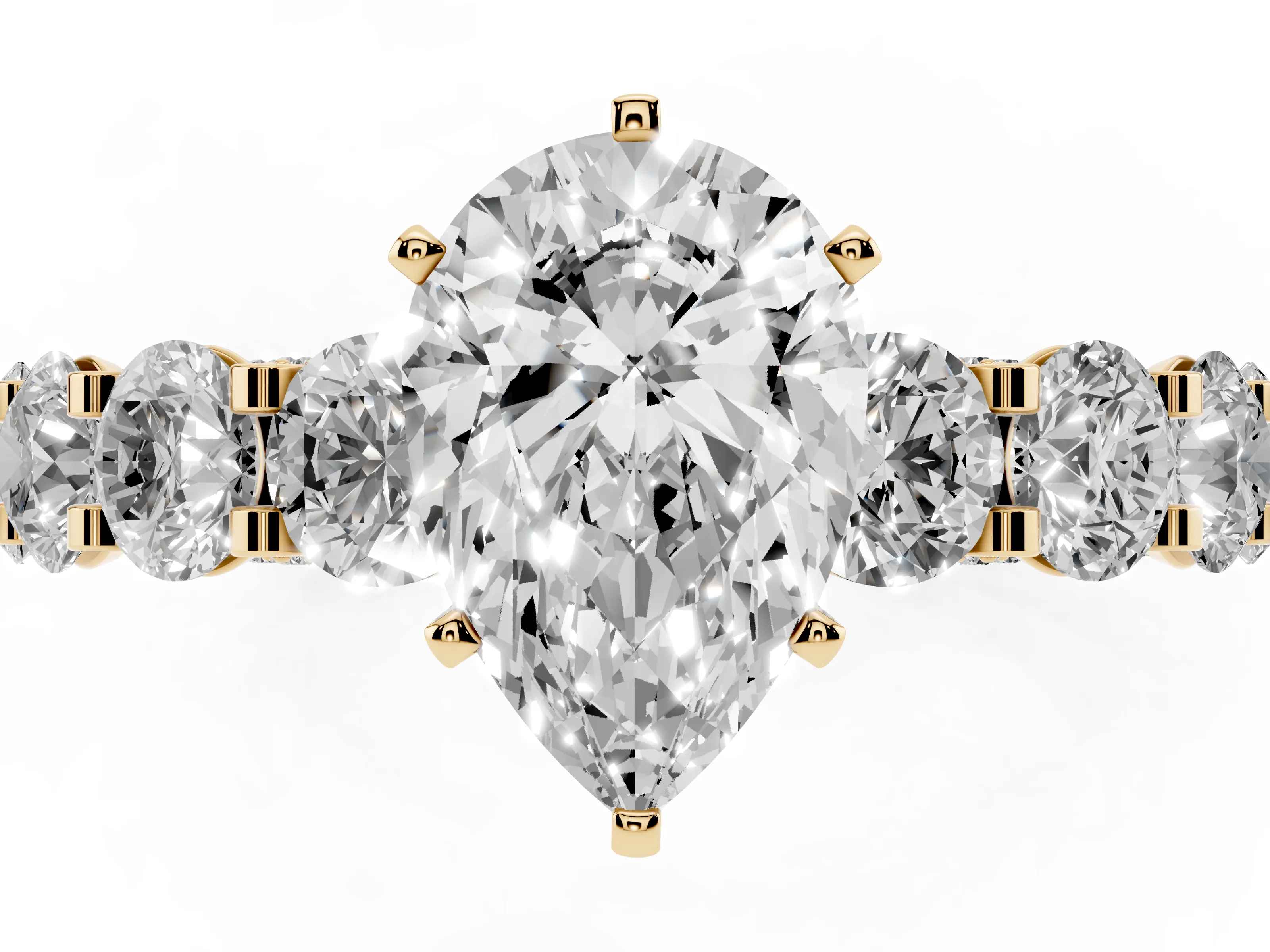 Pear Cut Diamond Side Stone Ring Set in Yellow gold with Alternating Round and Oval Side Stones
