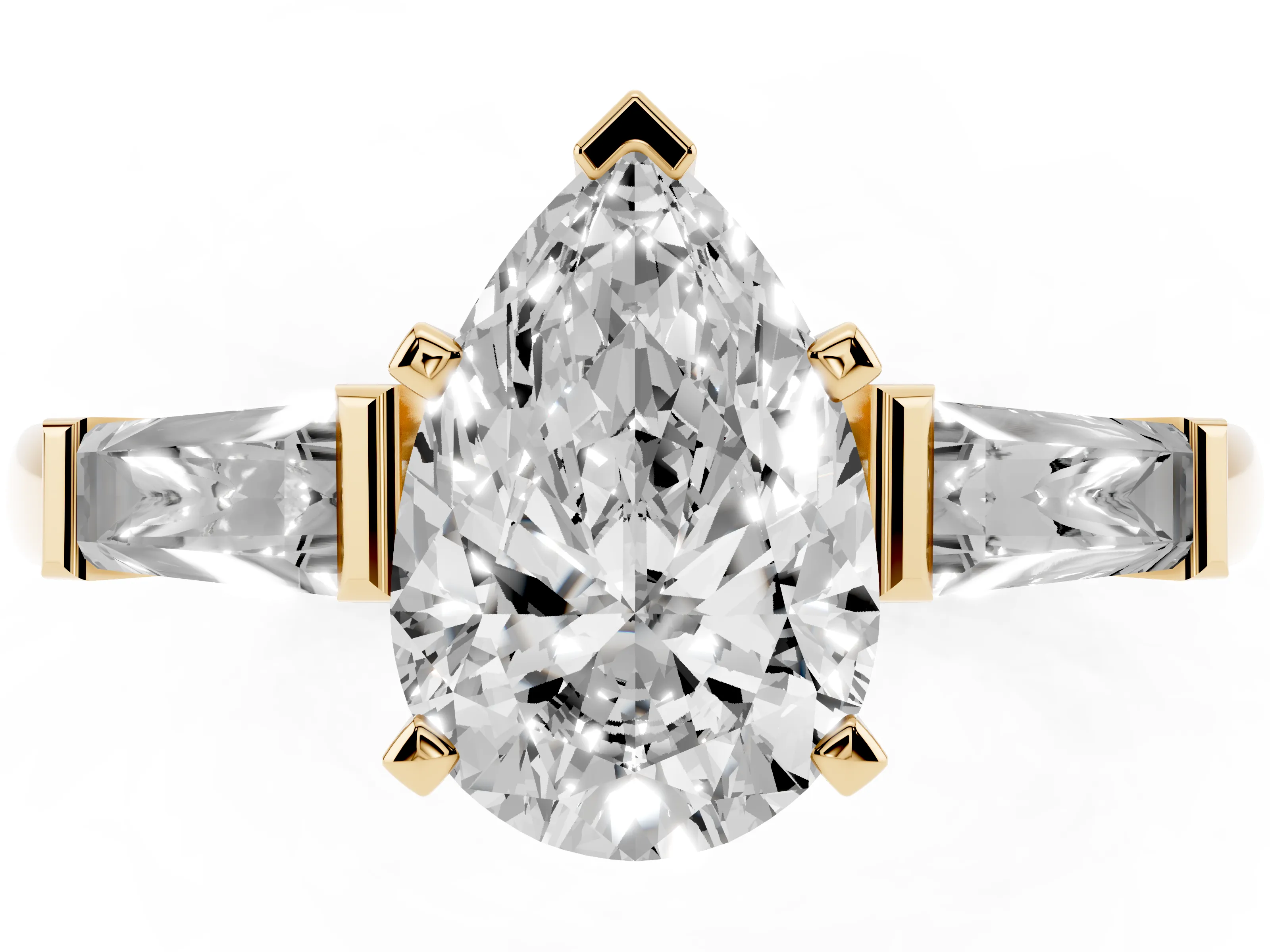 Pear Cut Diamond Solitaire Ring Set in Yellow gold with Tapered Baguette Side Stones and Prong Setting