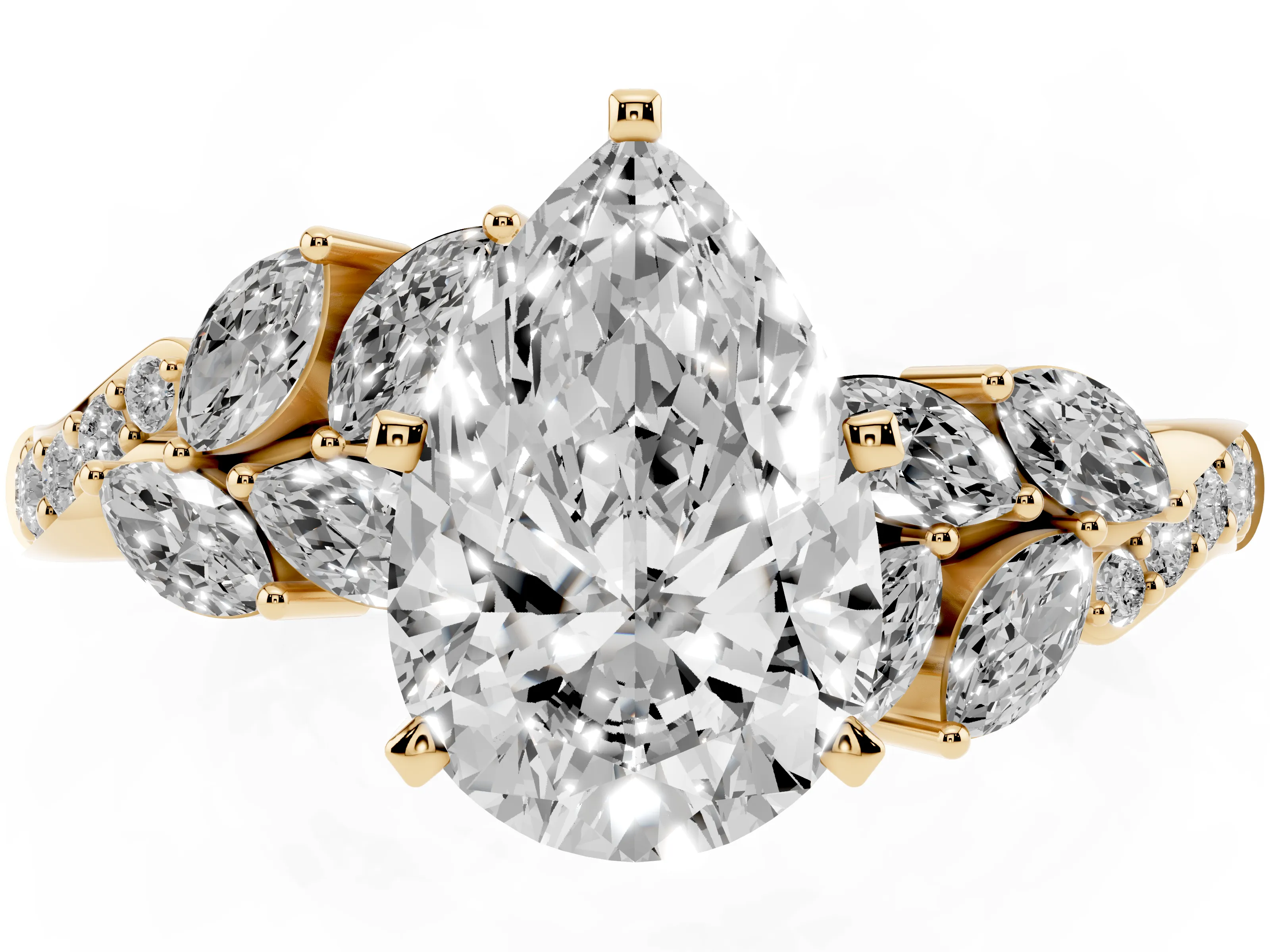 Pear Cut Diamond Solitaire Ring Set in Yellow gold with Marquise Twist Band and Prong Setting