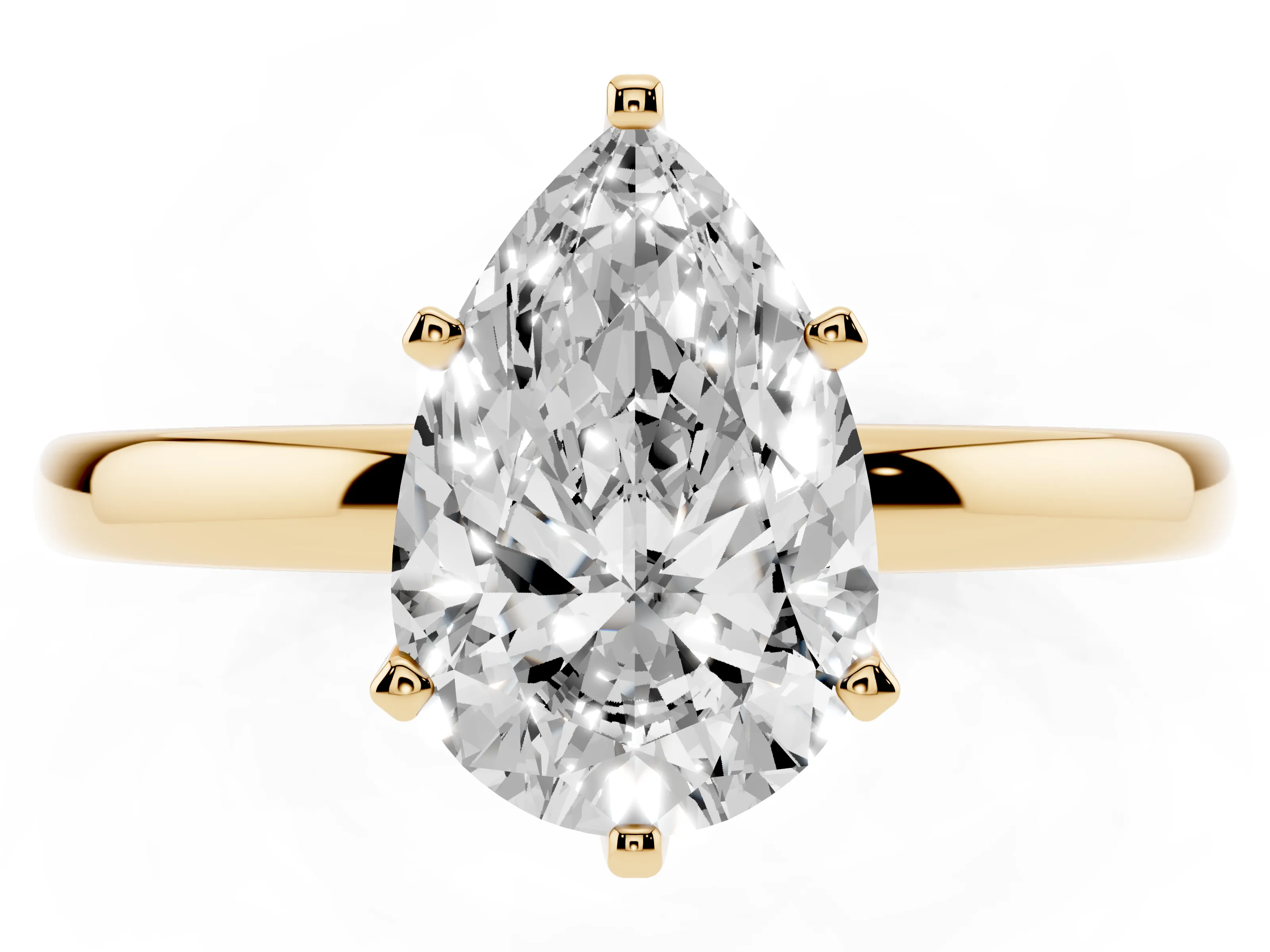 Pear Cut Diamond Solitaire Ring Set in Yellow gold with Raised Prong Setting on a Classic Band
