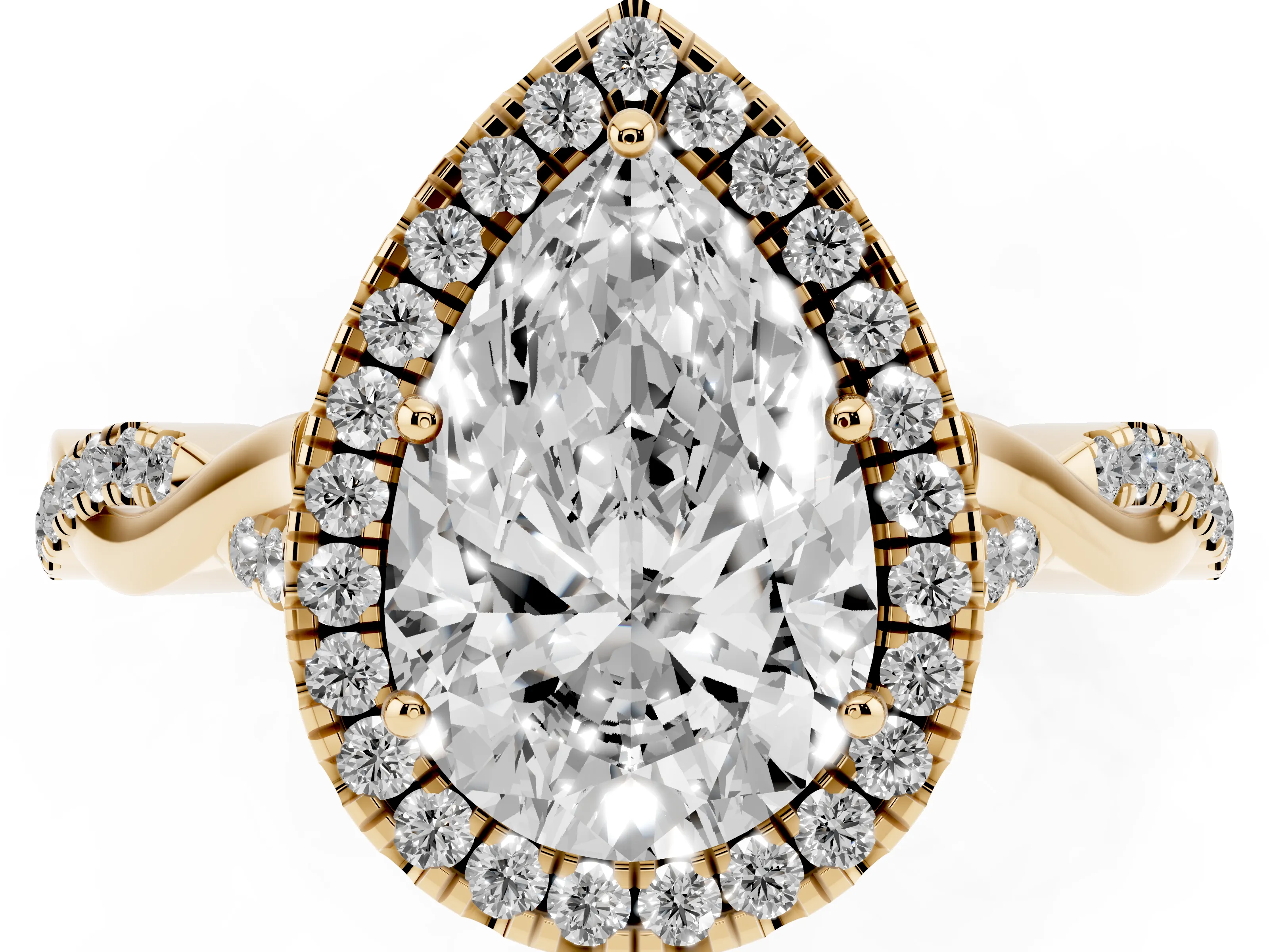 Pear Cut Diamond Halo Twist Band Solitaire Ring Set in Yellow gold with Prong Setting