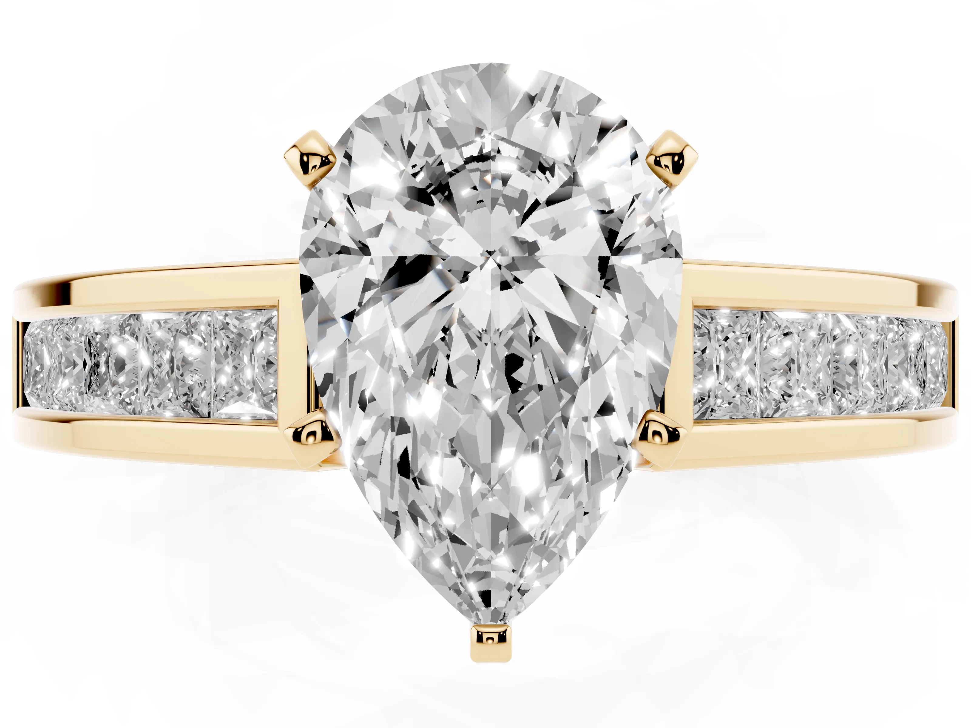 Pear Cut Diamond Solitaire Ring Set in Yellow gold with Channel-Set Band and Prong Setting