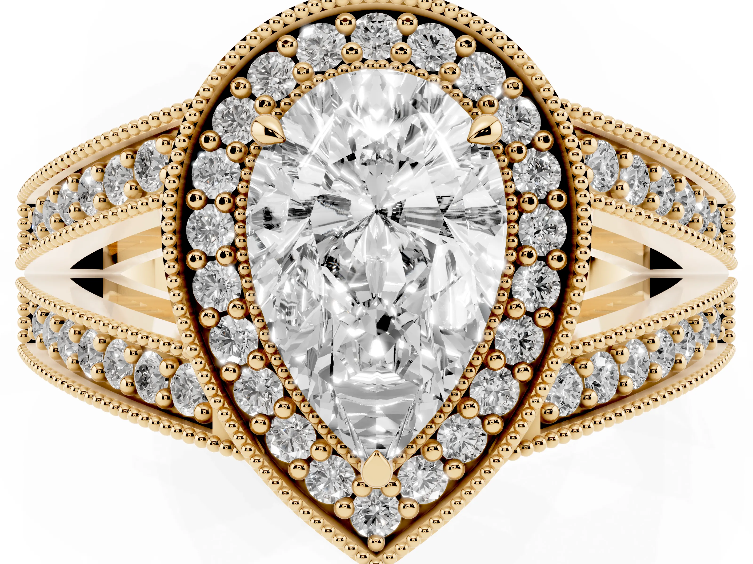 Pear Cut Diamond Halo Ring Set in Yellow gold with Stone-Set Split Shank and Milgrain Edges