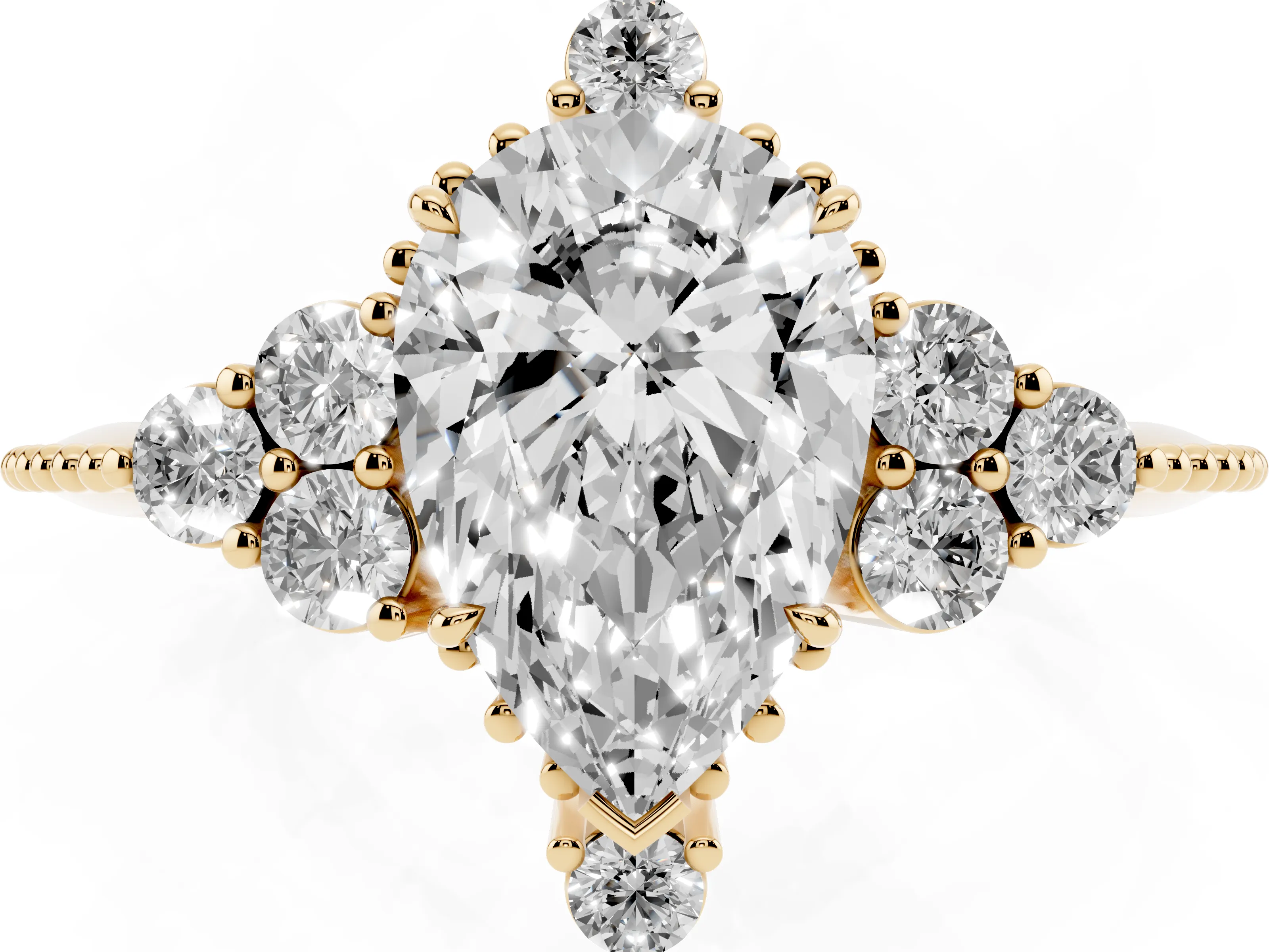 Pear Cut Diamond Cluster Ring Set in Yellow gold with Beaded Band
