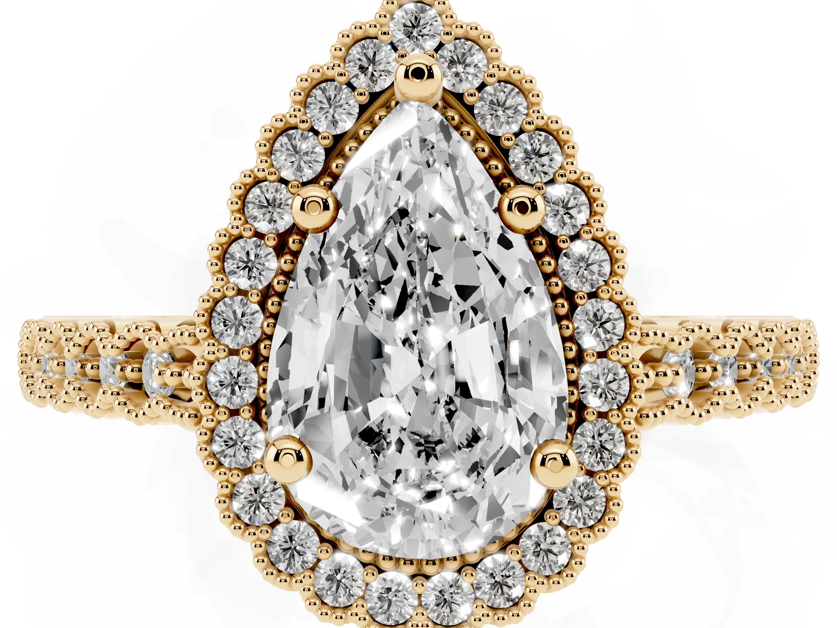 Pear Cut Diamond Halo Ring Set in Yellow gold with Pavé Milgrain Band