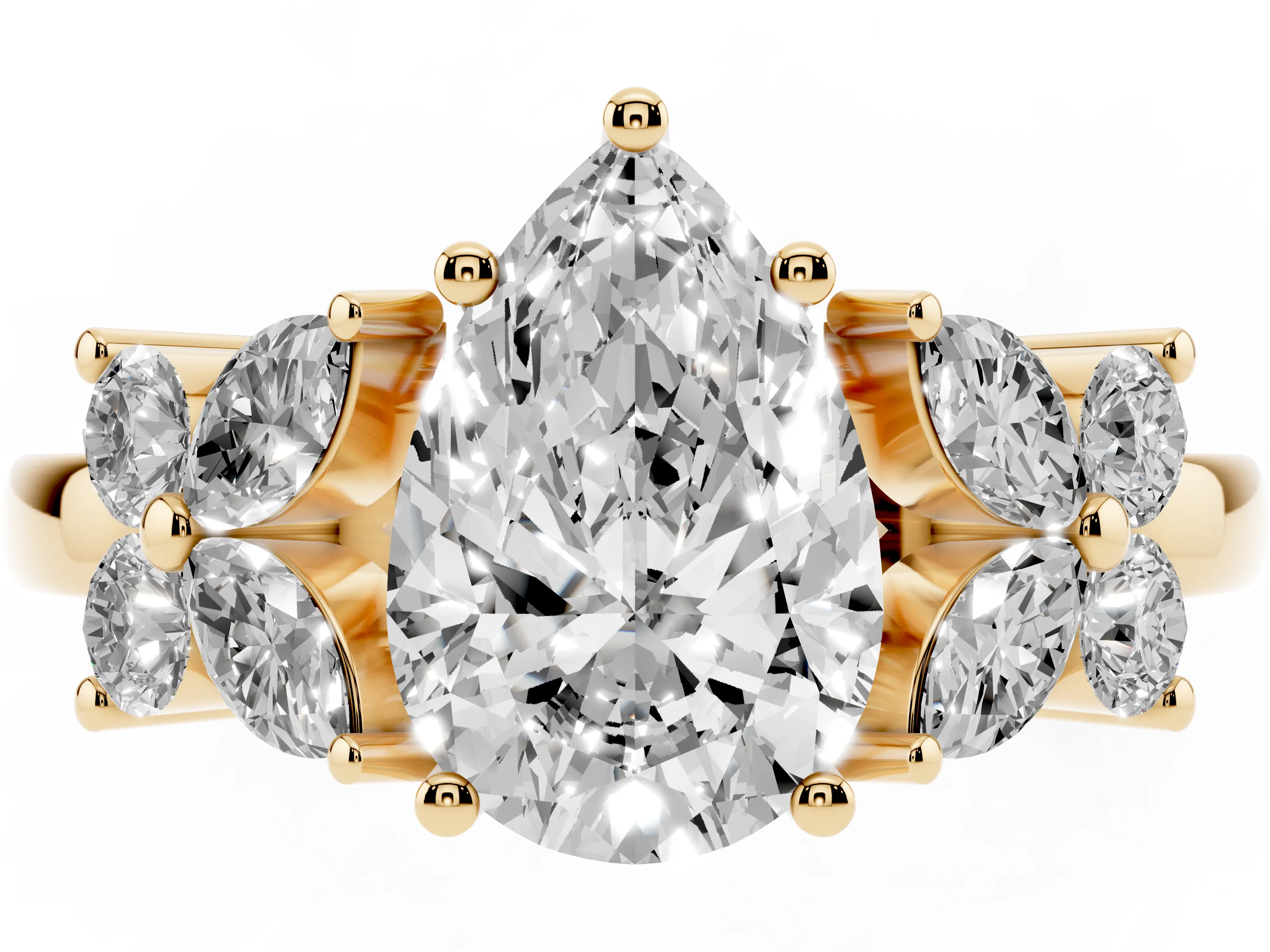 Pear Cut Diamond Floral Cluster Ring Set in Yellow gold with Marquise Petals and Prong Setting