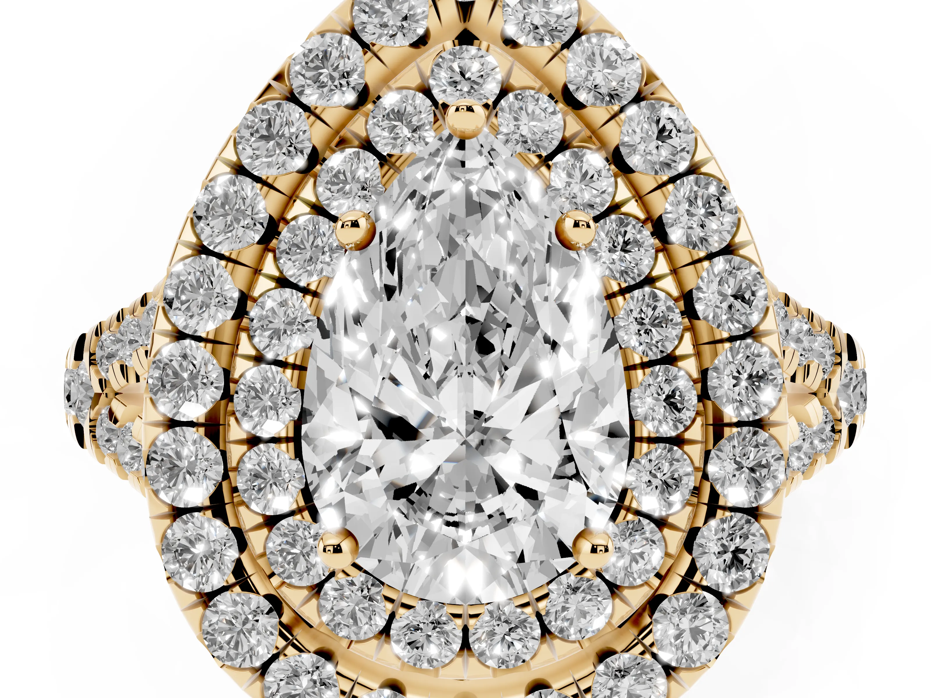 Pear Cut Diamond Double Halo Ring Set in Yellow gold with Pavé Split Shank and Prong Setting