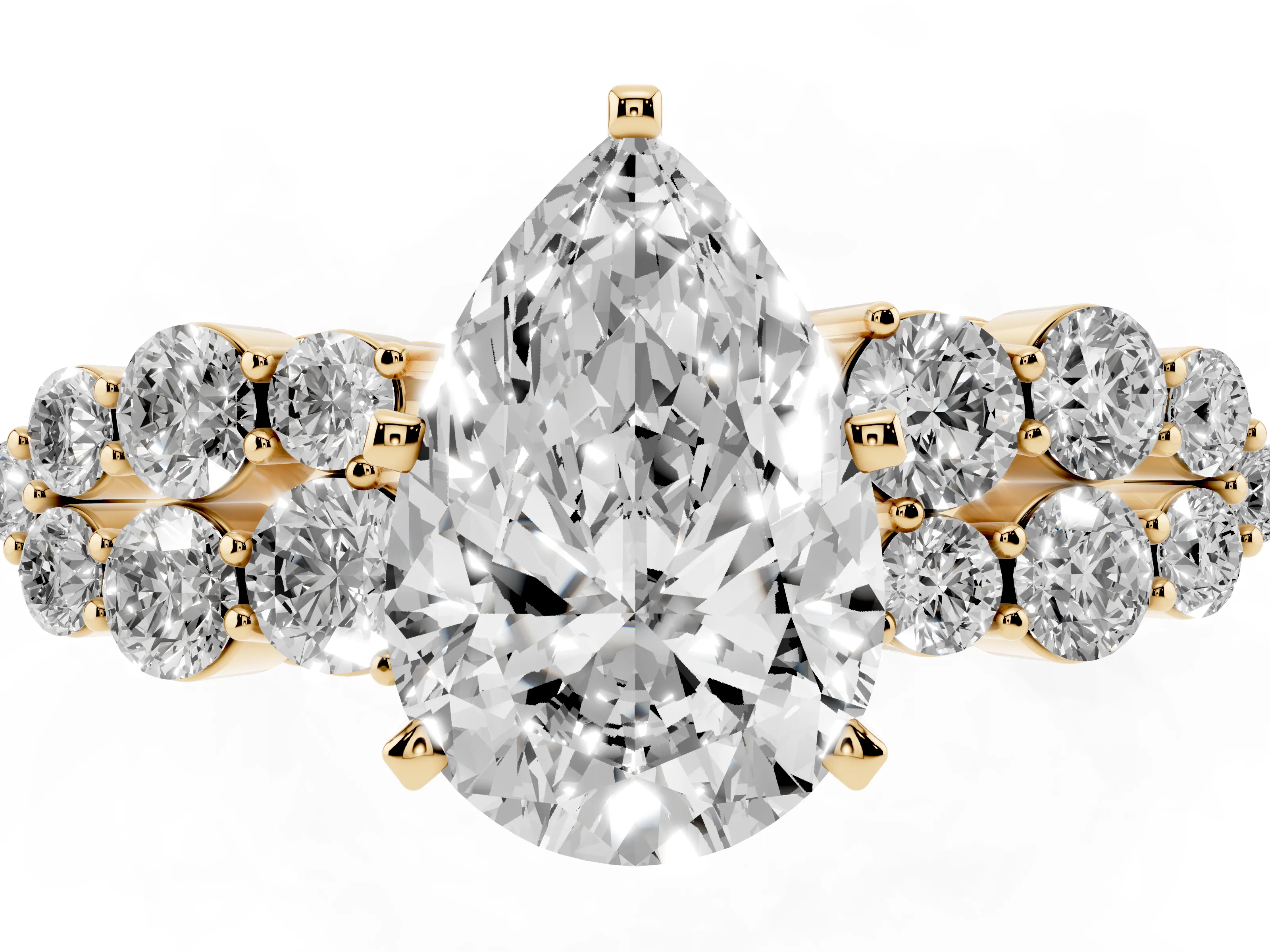 Pear Cut Diamond Cluster Engagement Ring Set in Yellow gold with Pavé Band and Prong Setting