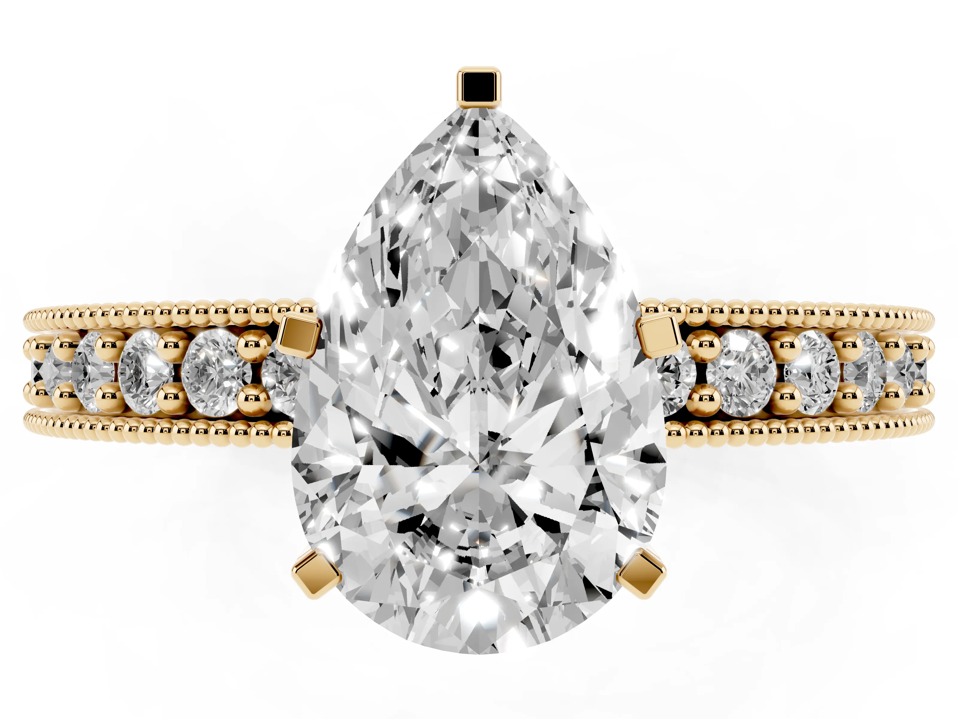 Pear Cut Diamond Milgrain Pavé Engagement Ring Set in Yellow gold with Prong Setting