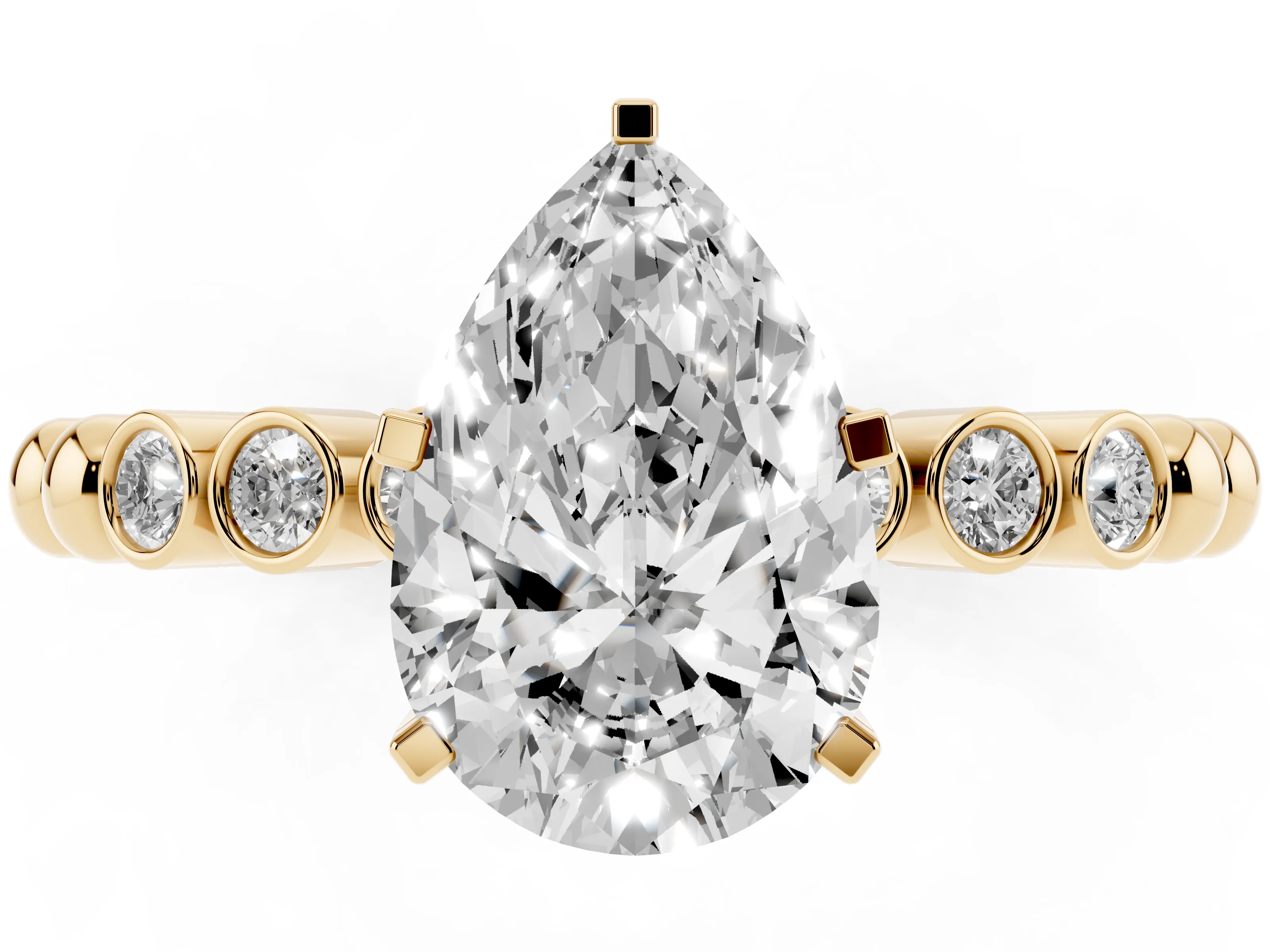 Pear Cut Diamond Solitaire Engagement Ring Set in Yellow gold with Bezel Accents on Beaded Band