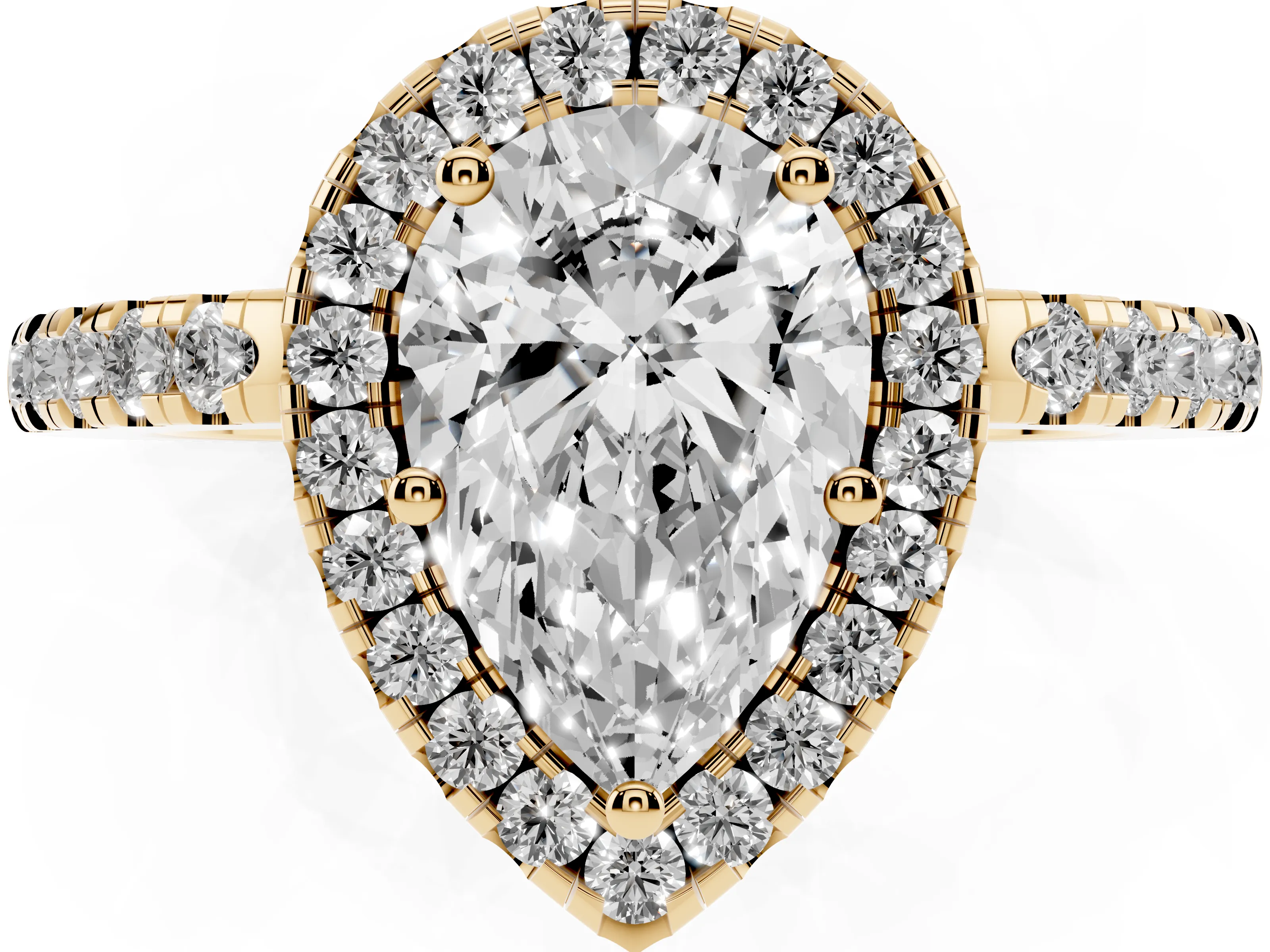 Pear Cut Diamond Pavé Band Halo Engagement Ring Set in Yellow gold with Prong Setting