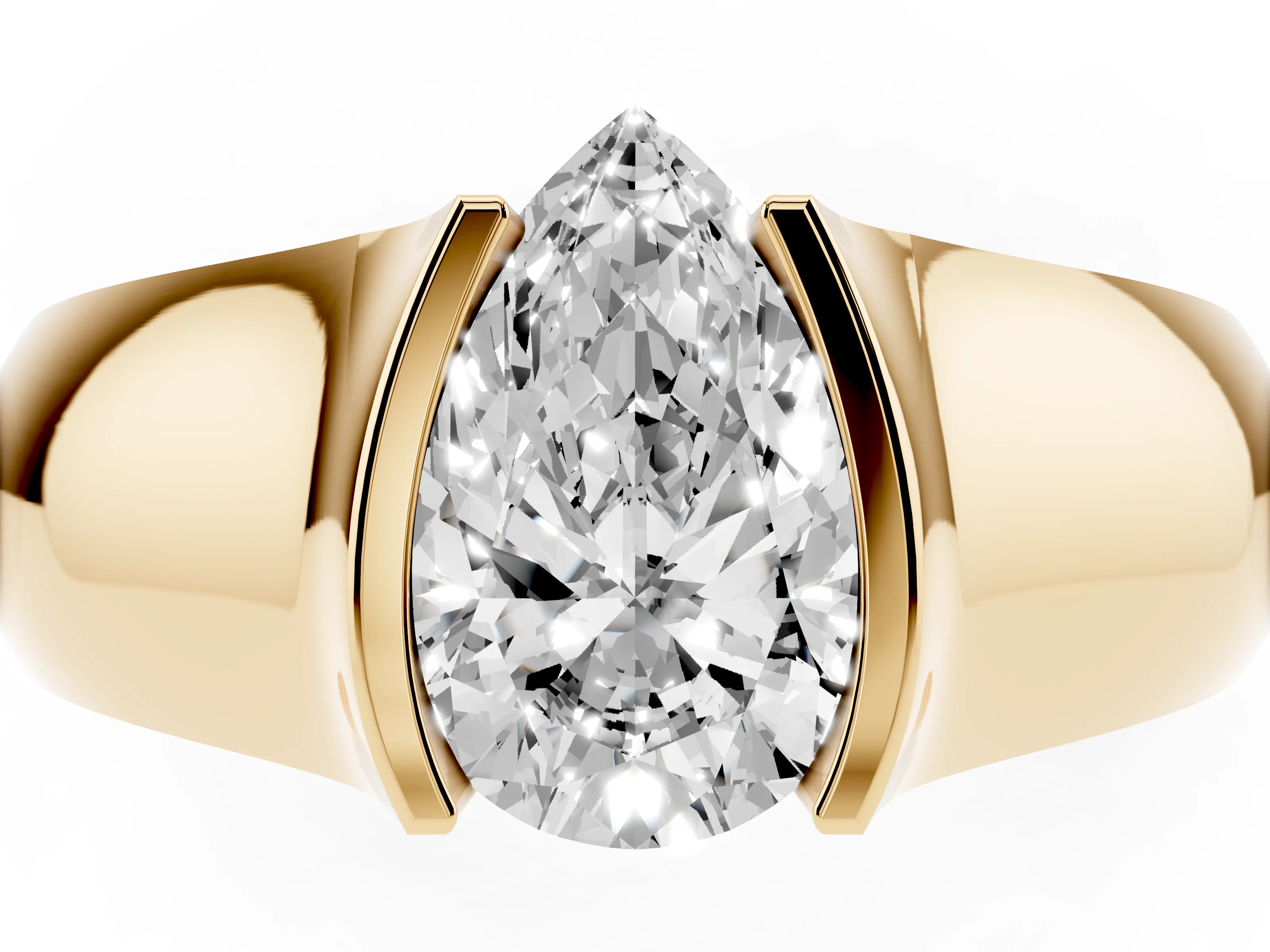 Pear Cut Diamond Bezel Solitaire Ring Set in Yellow gold with Wide Band