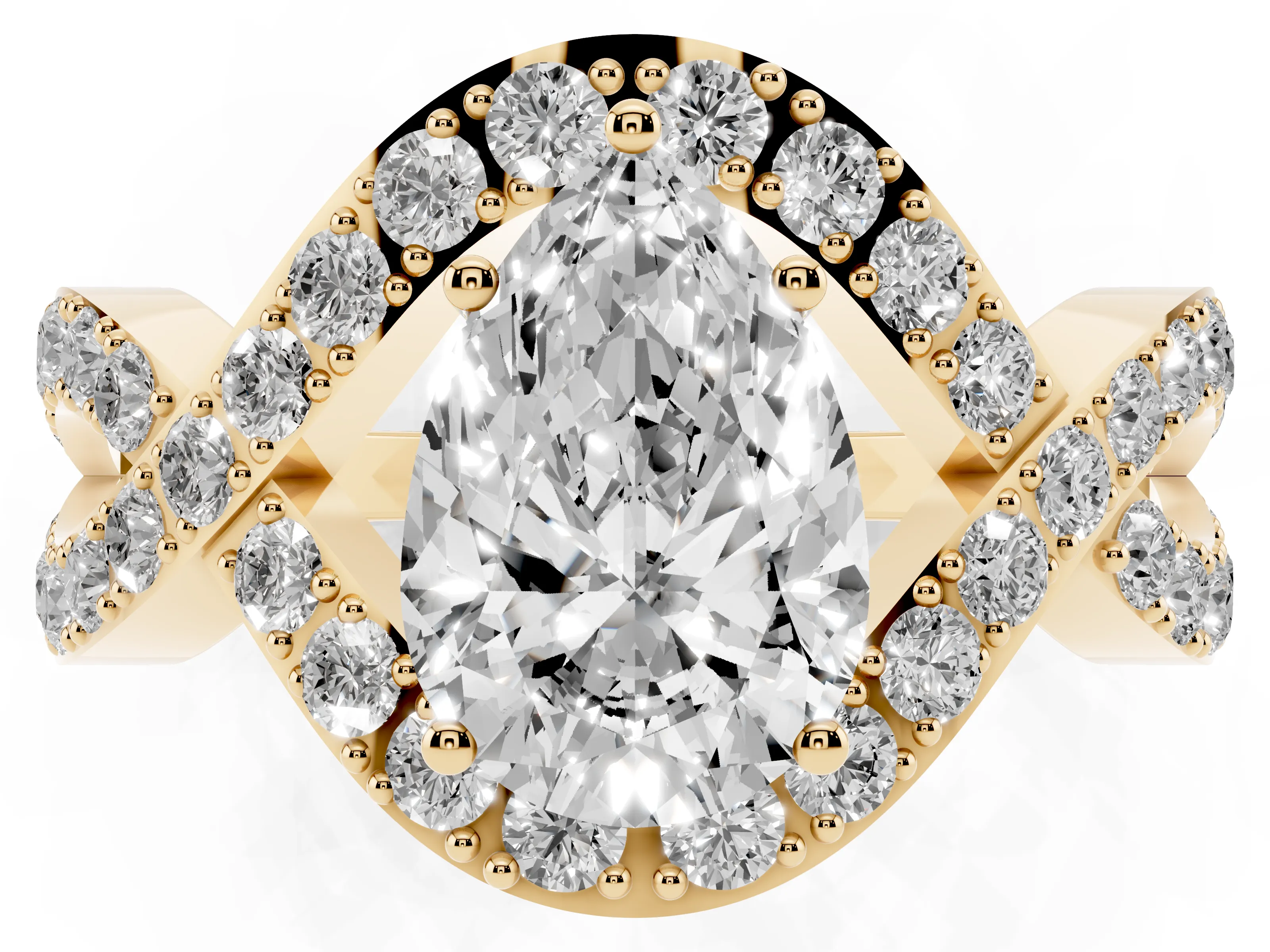 Pear Cut Diamond Solitaire Twist Band Pavé Engagement Ring Set in Yellow gold