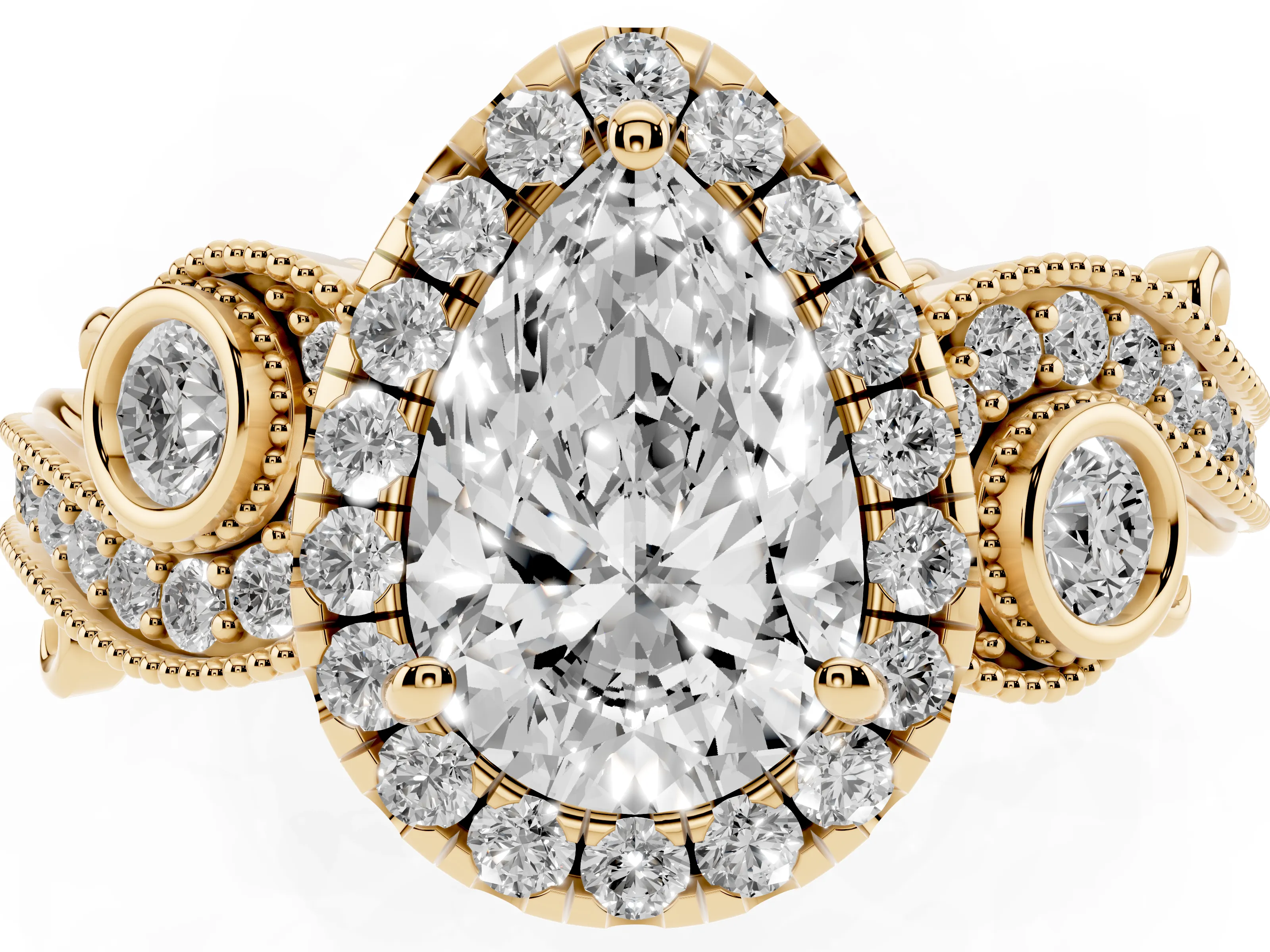 Pear Cut Diamond Halo Ring Set in Yellow gold with Milgrain Pavé Band and Prong Setting