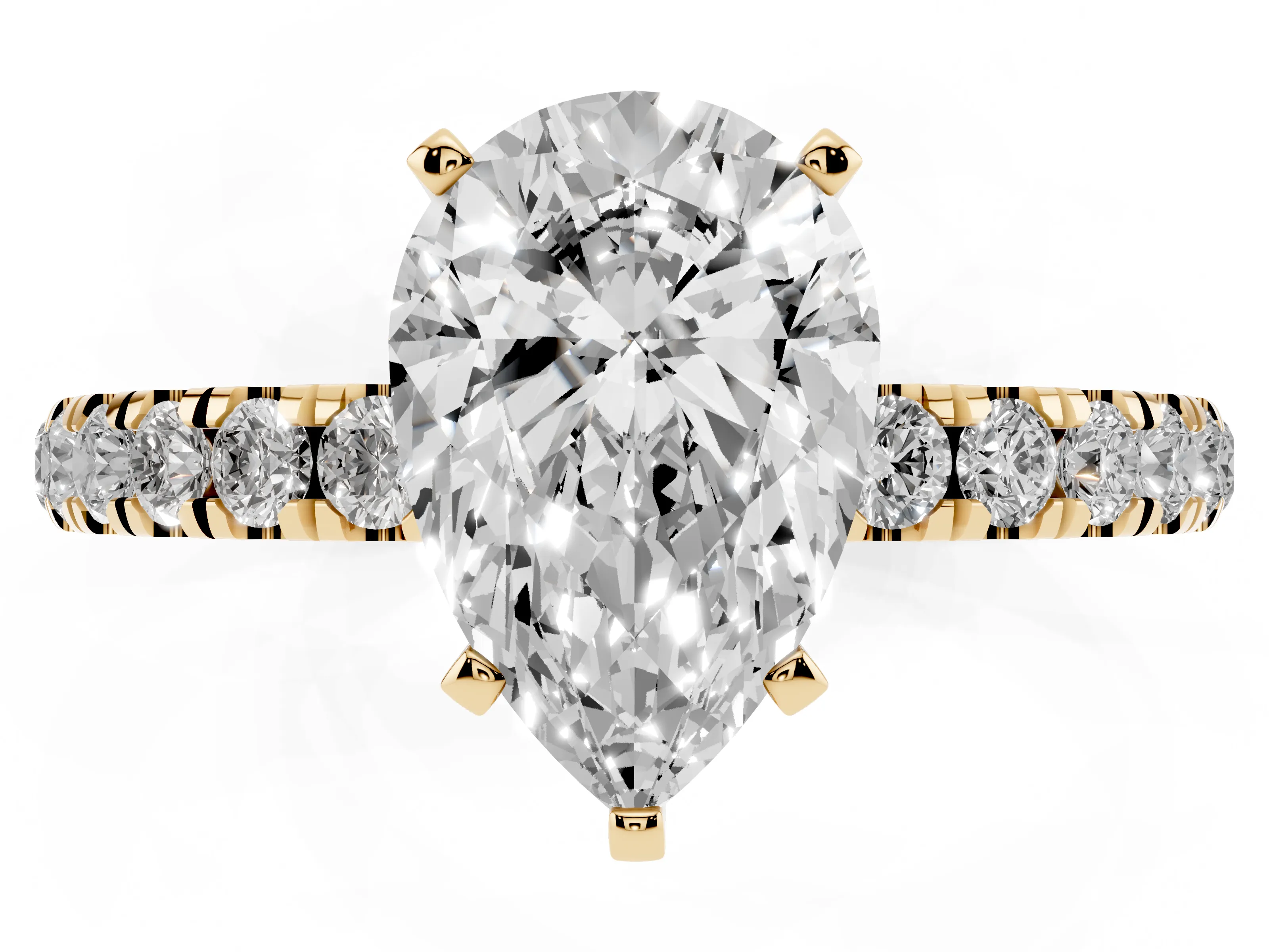 Pear Cut Diamond Solitaire Ring Set in Yellow gold with Pavé Accents and Prong Setting