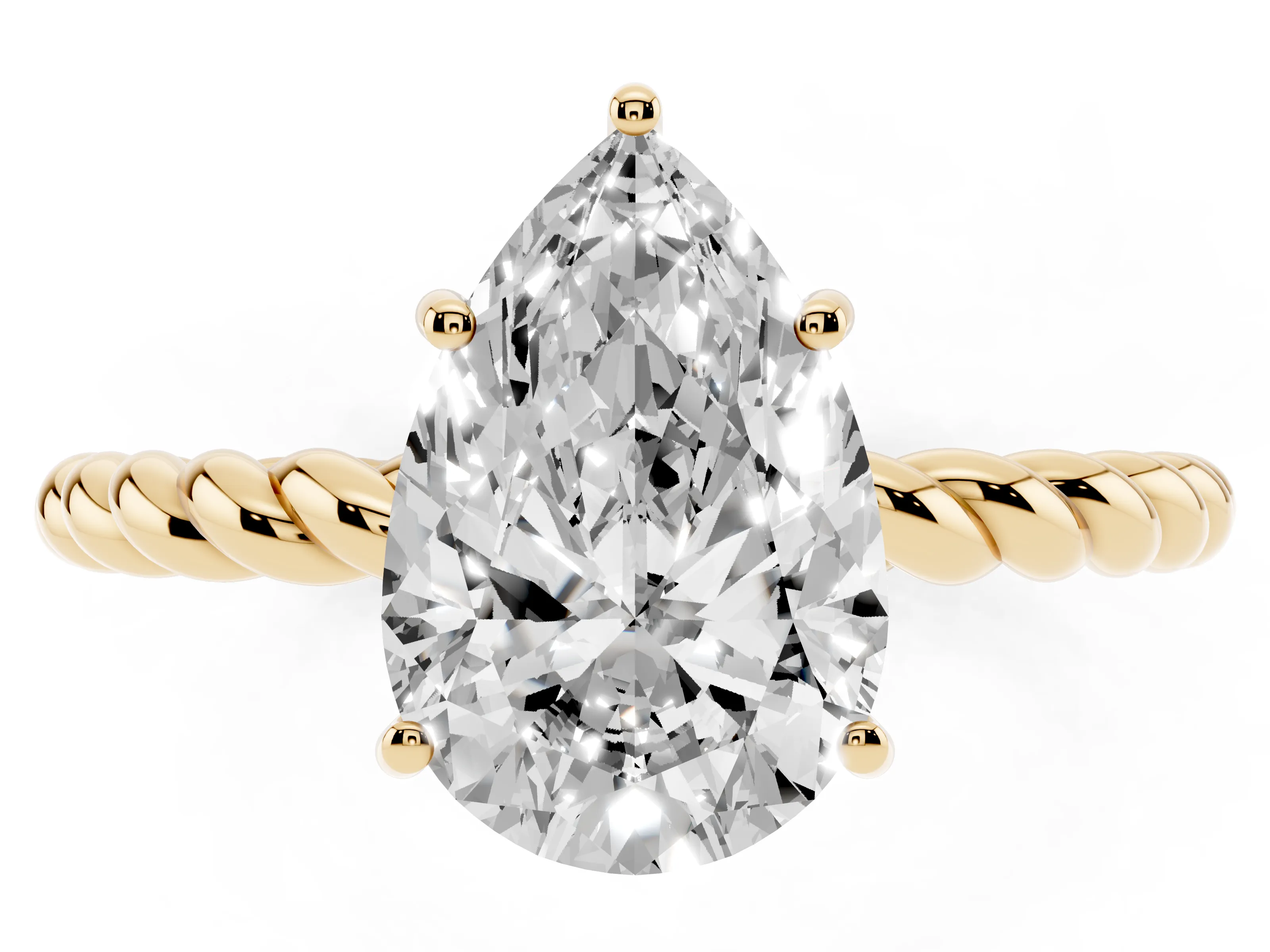 Pear Cut Diamond Solitaire Ring Set in Yellow gold with Twist Band and Prong Setting