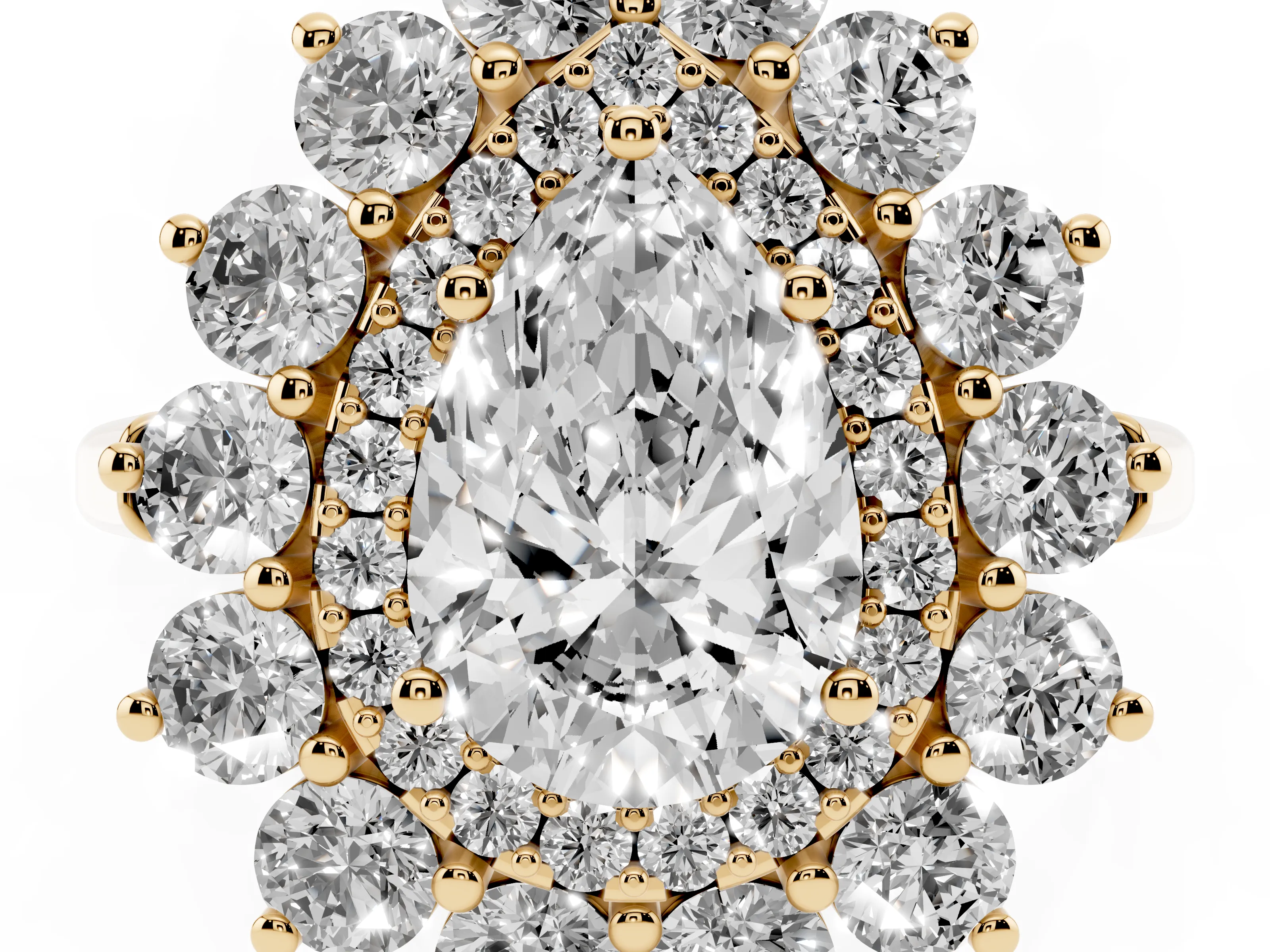Pear Cut Diamond Floral Double Halo Ring Set in Yellow gold with Round Petals