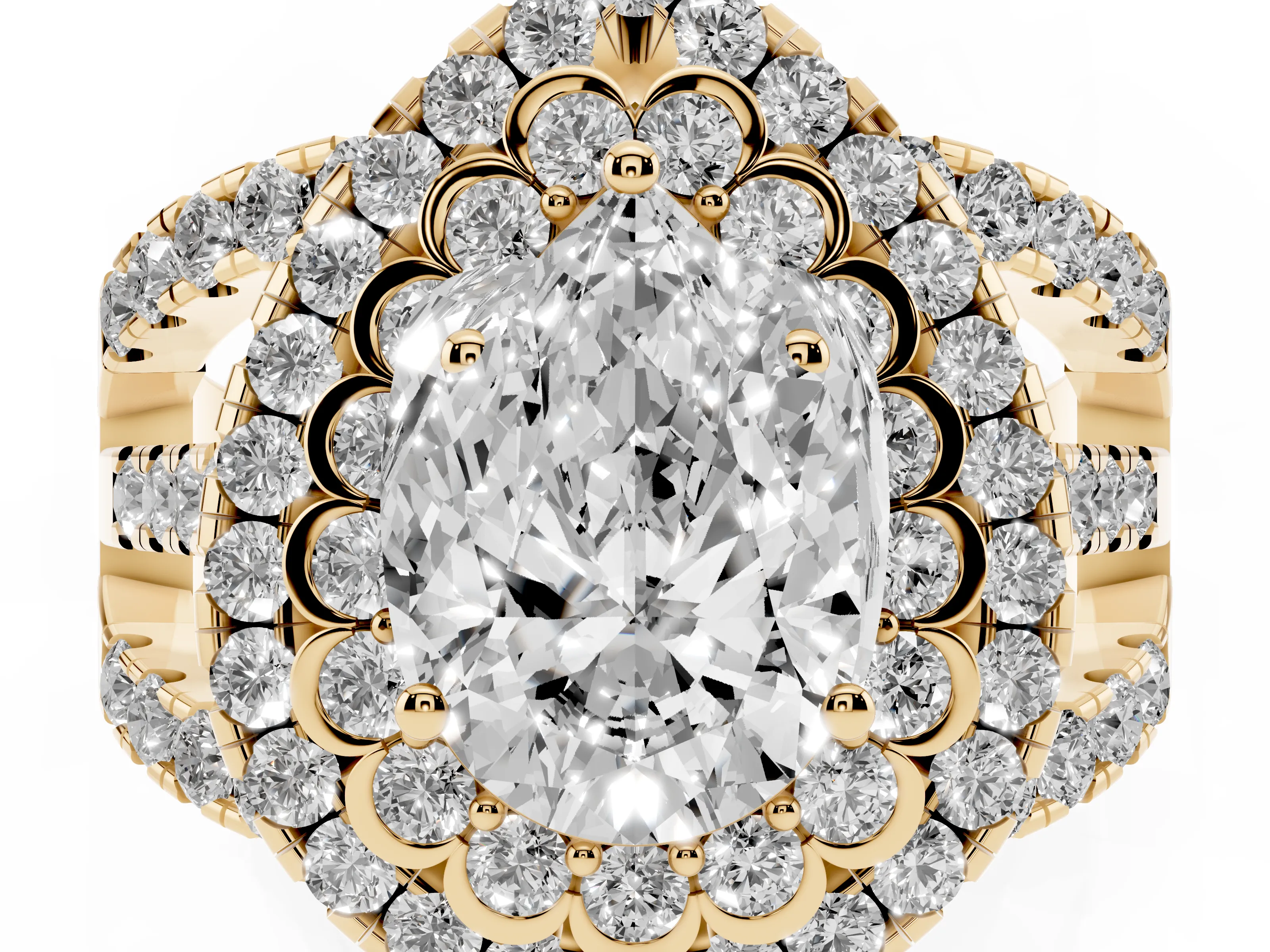 Pear Cut Diamond Double Halo Ring Set in Yellow gold with Round Pavé Split Shank