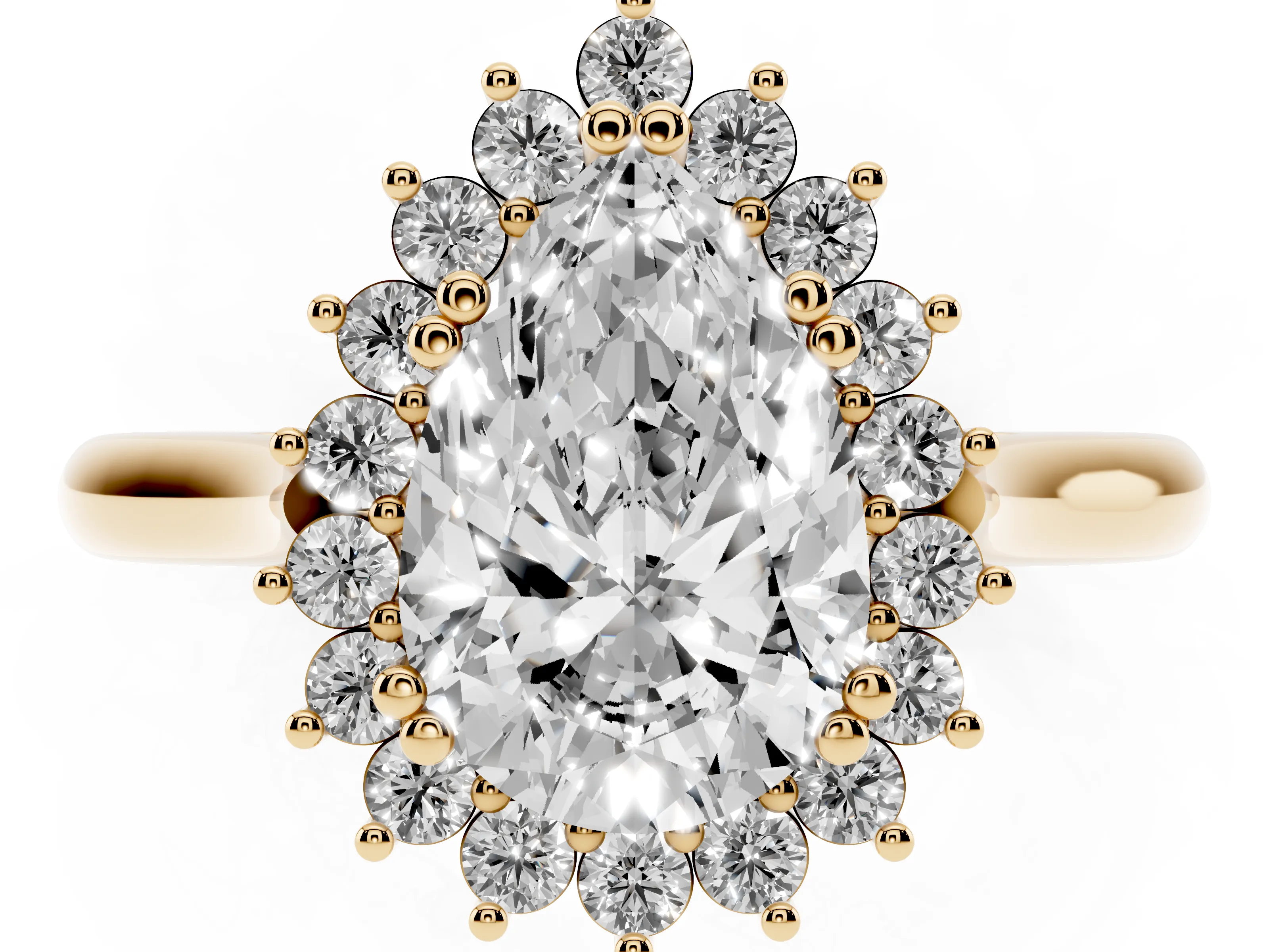 Pear Cut Diamond Halo Ring Set in Yellow gold with Plain Solitaire Band and Prong Setting