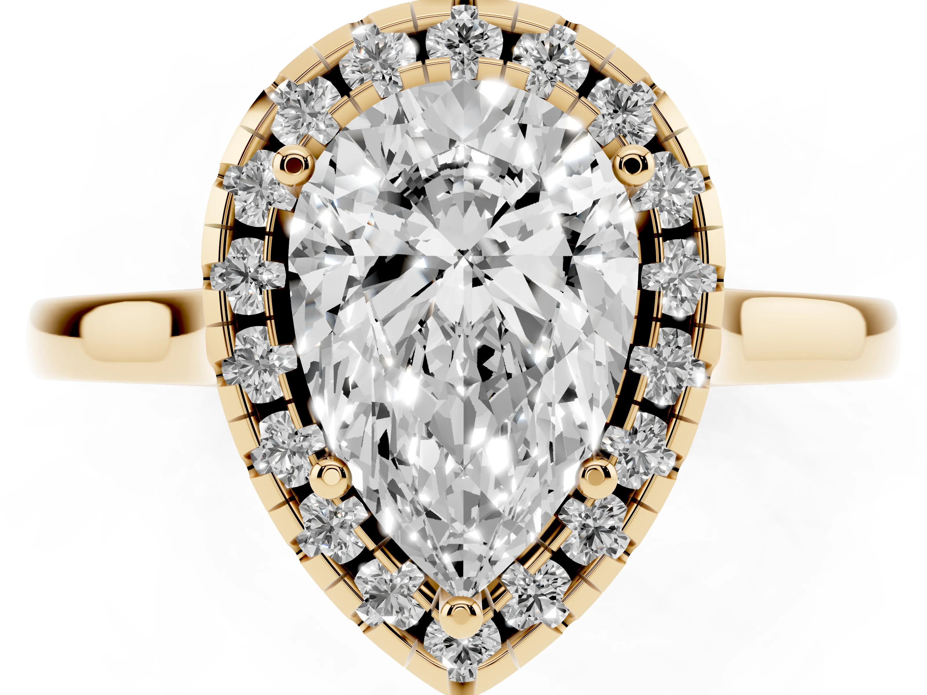 Pear Cut Halo Round Diamond Solitaire Ring Set in Yellow gold with Pavé Band and Prong Setting
