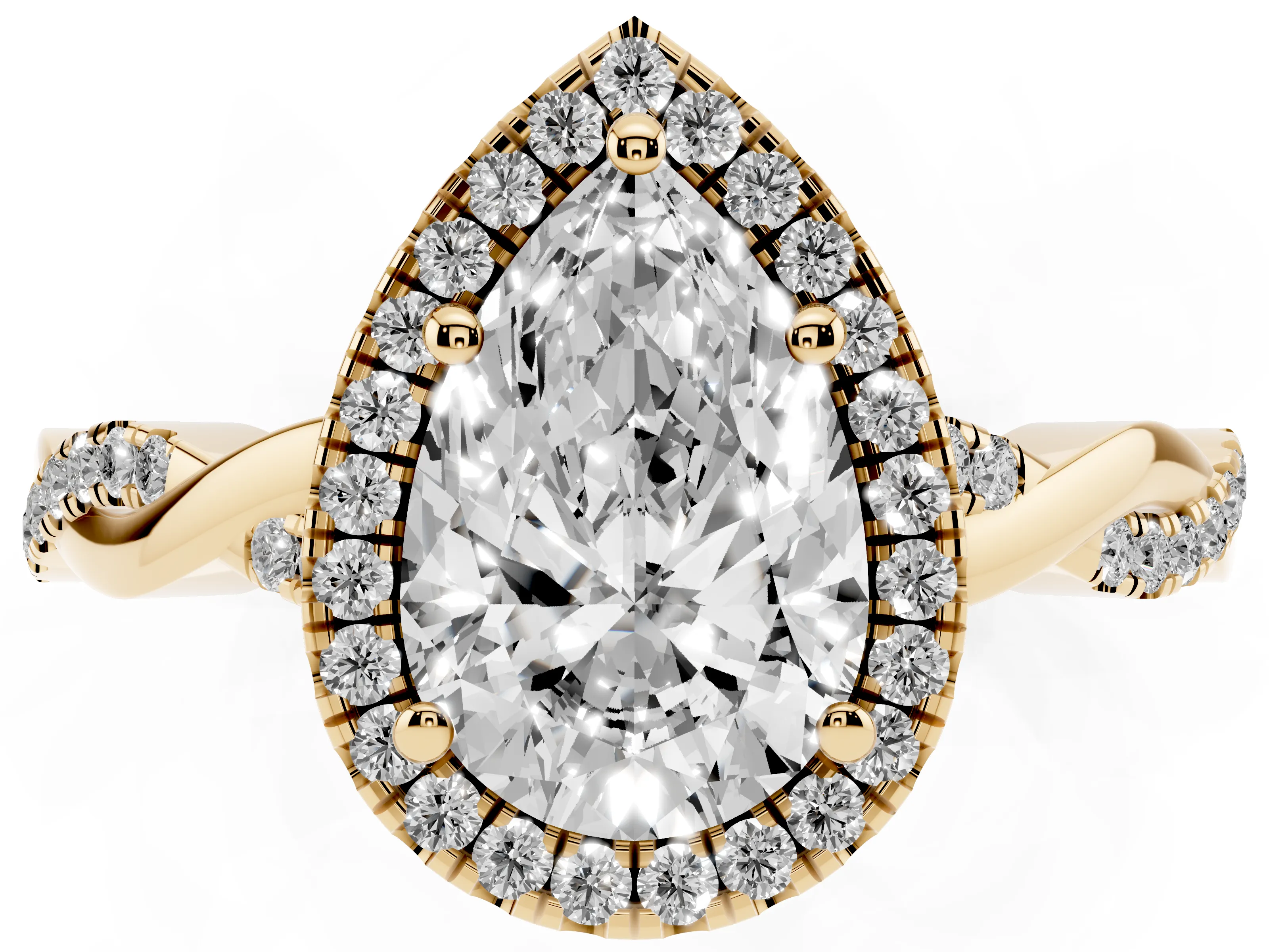 Pear Cut Diamond Halo Twisted Band Ring Set in Yellow gold with Prong Setting