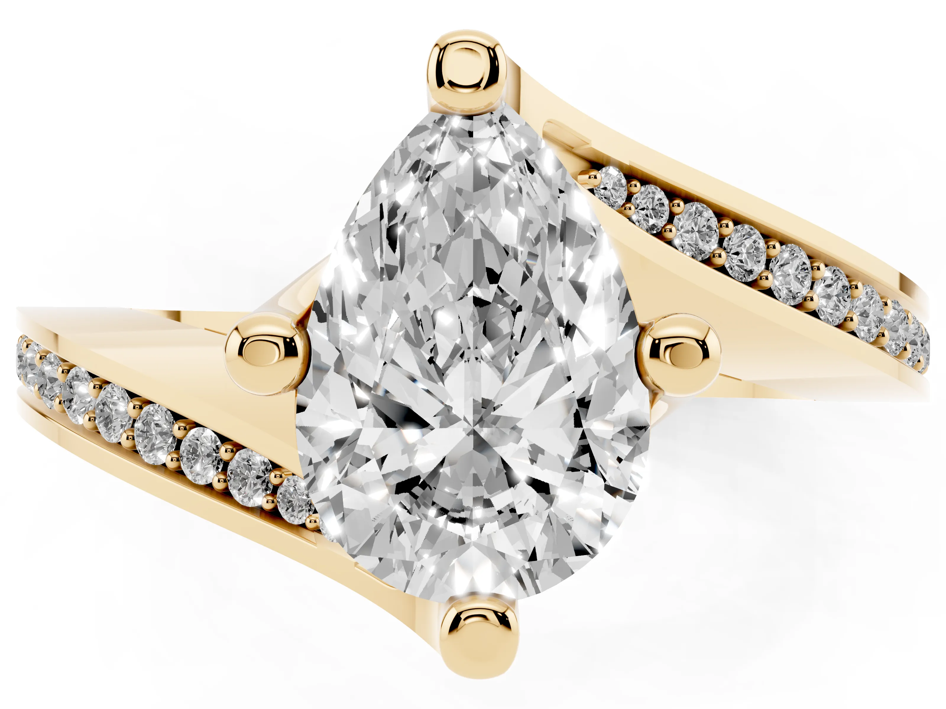 Pear Cut Diamond Solitaire Ring Set in Yellow gold with Intertwined Pavé Twist Band