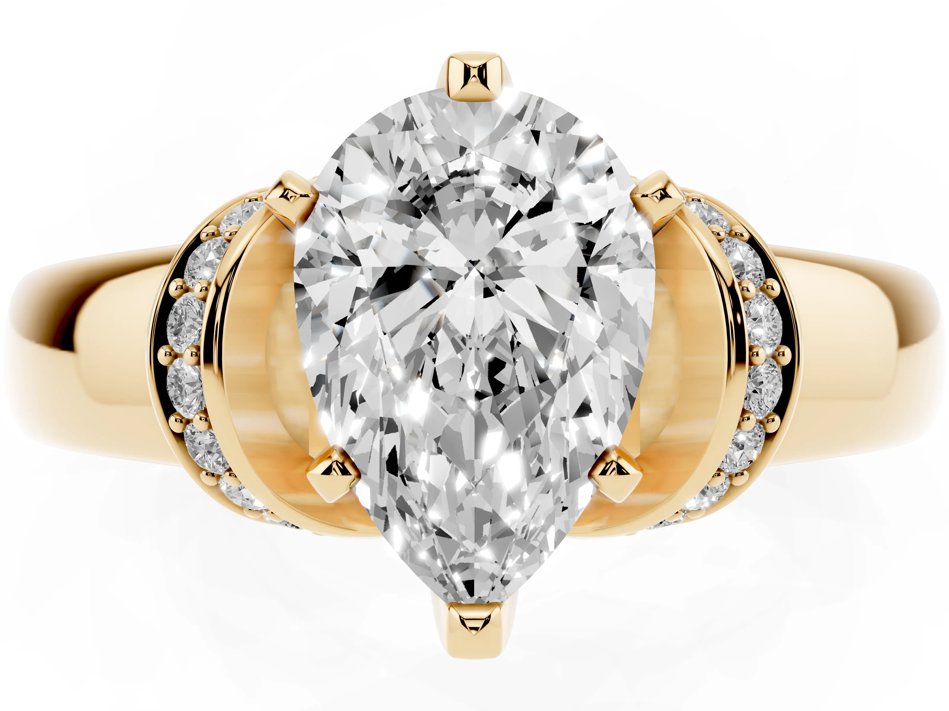 Pear Cut Diamond Pavé Band Solitaire Ring Set in Yellow gold with Prong Setting