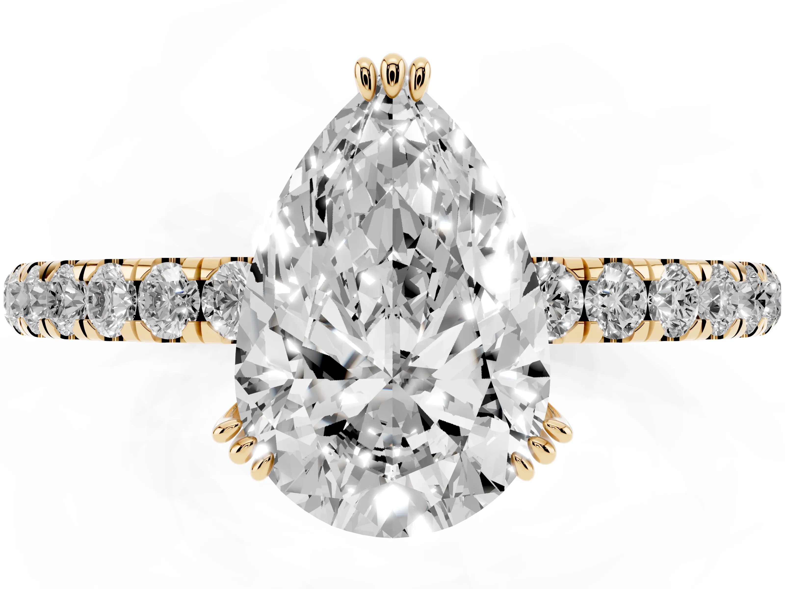 Pear Cut Diamond Brilliant Solitaire Set in Yellow gold with Pavé Band and Claw Prong Setting