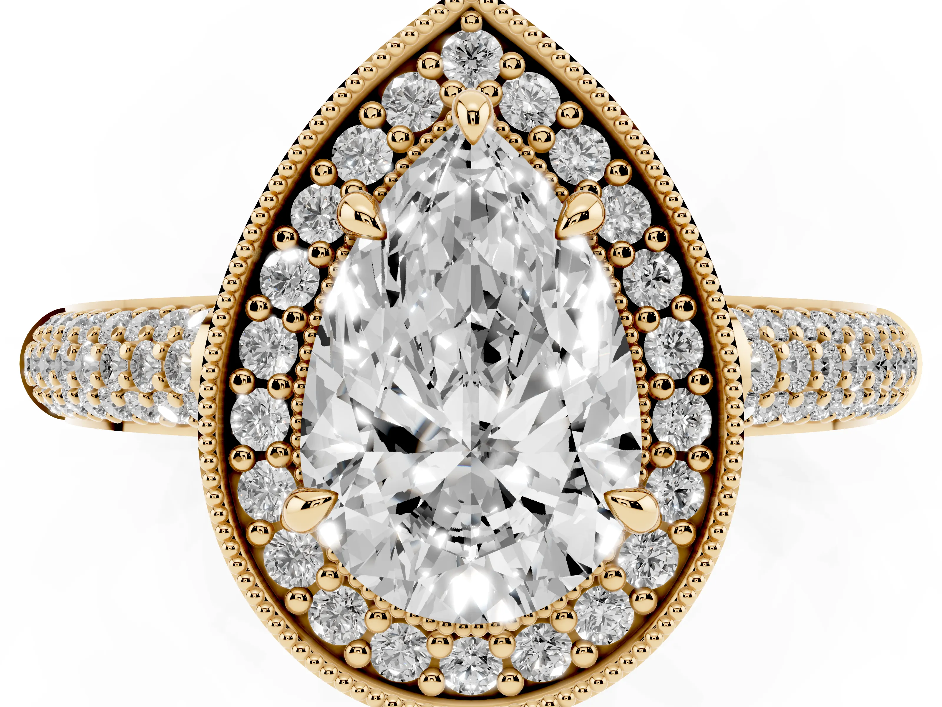 Pear Cut Diamond Halo Pavé Band Set in Yellow gold with Prong Setting